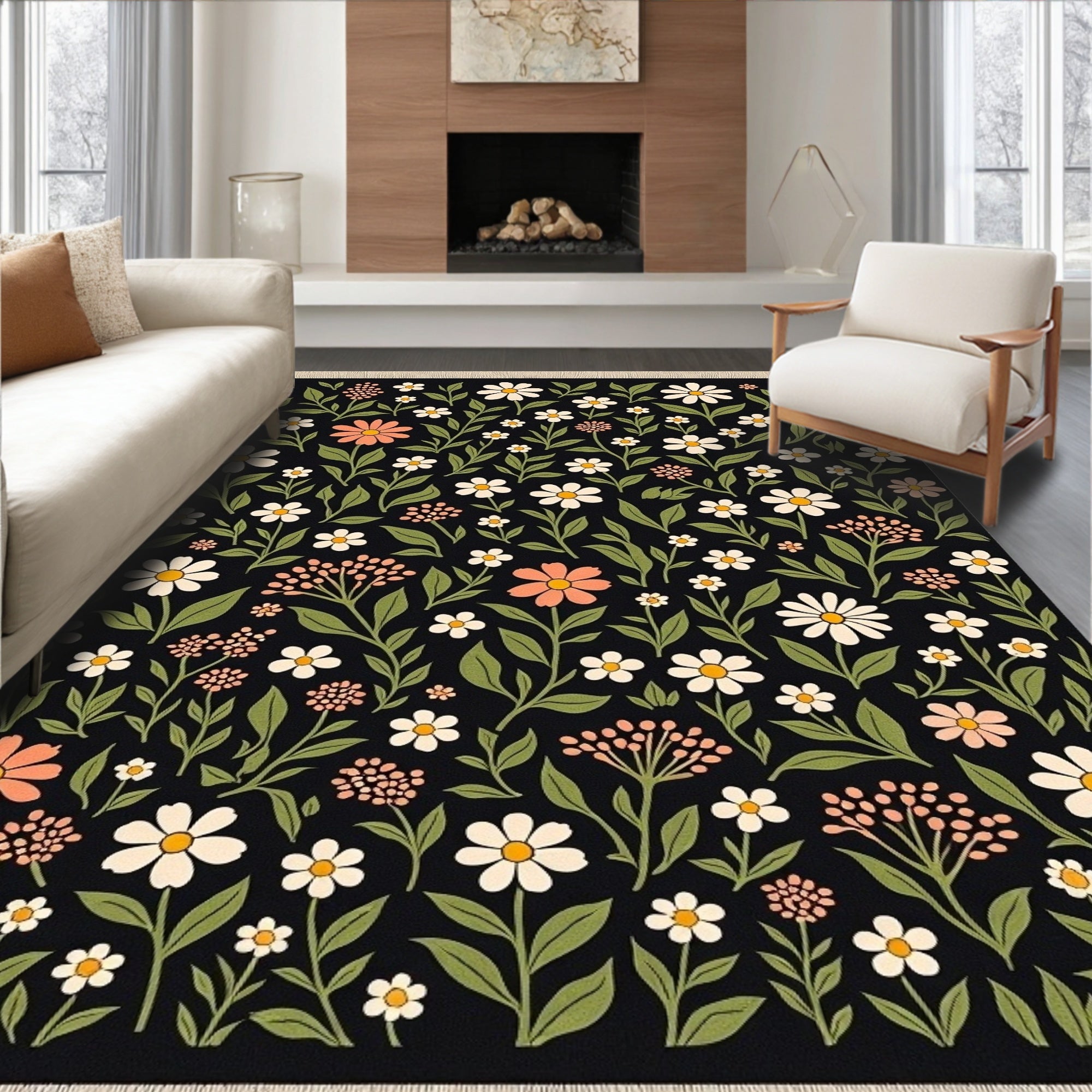 Black Floral Meadow Bloom Rug