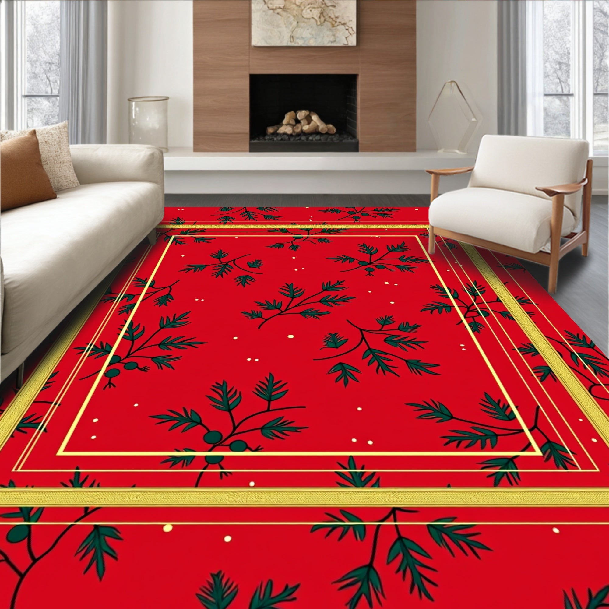 Festive Red Green Berry Branch Frame Rug