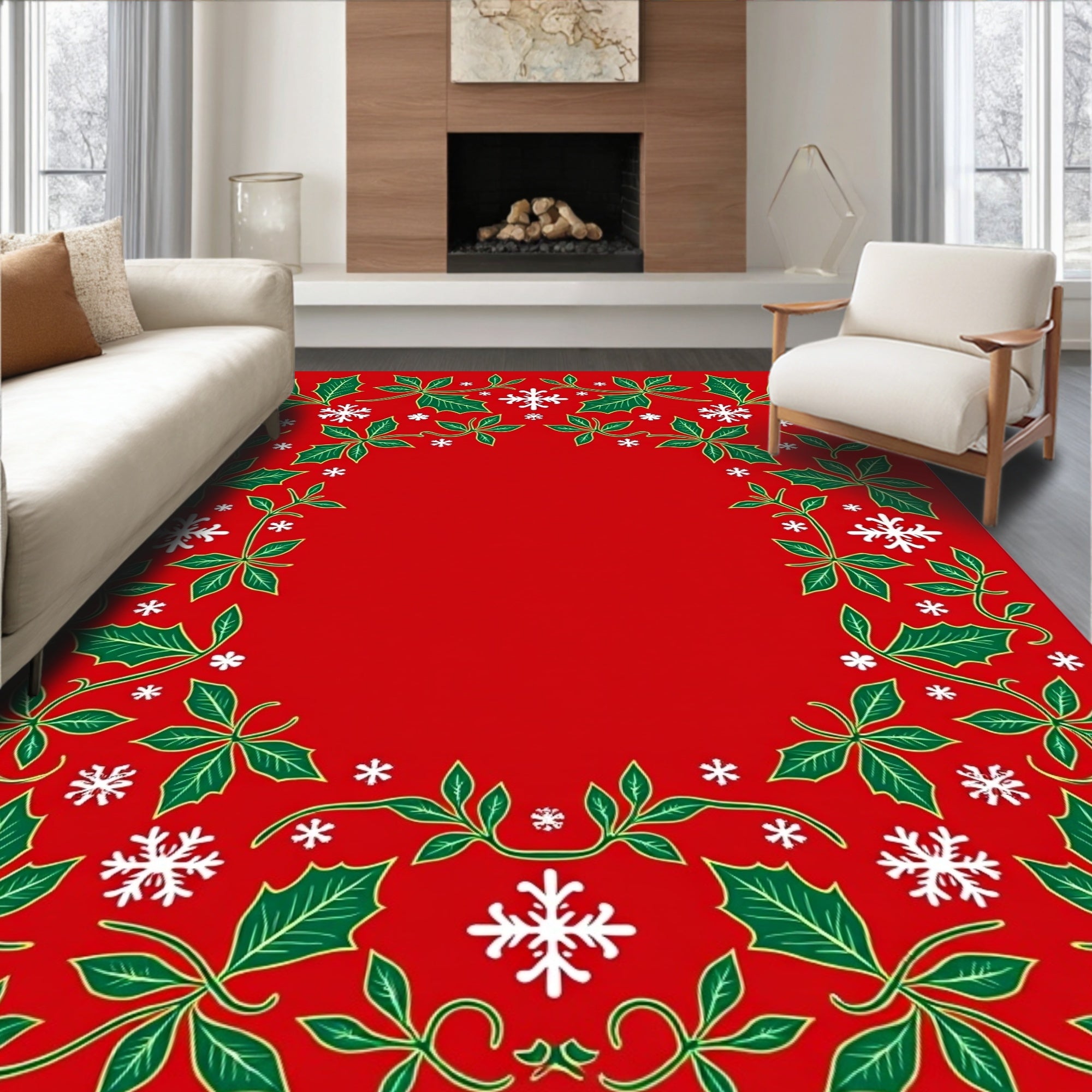 Holiday Red Holly Snowflake Border Rug