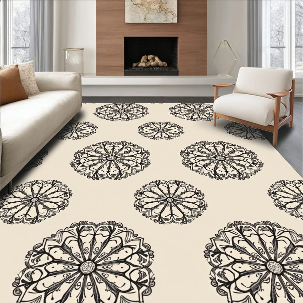 Cream Black Vintage Floral Mandala Rug