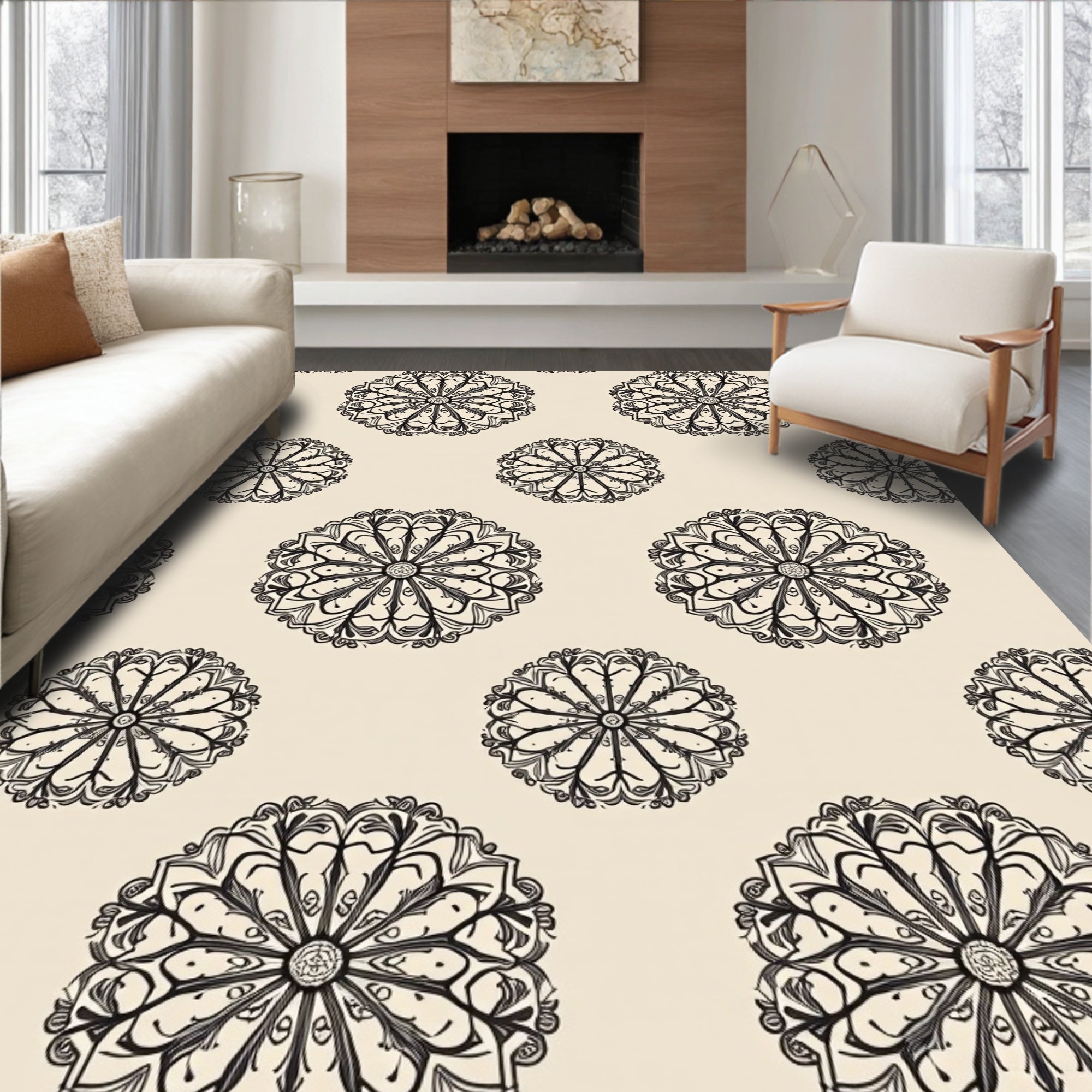 Cream Black Vintage Floral Mandala Rug