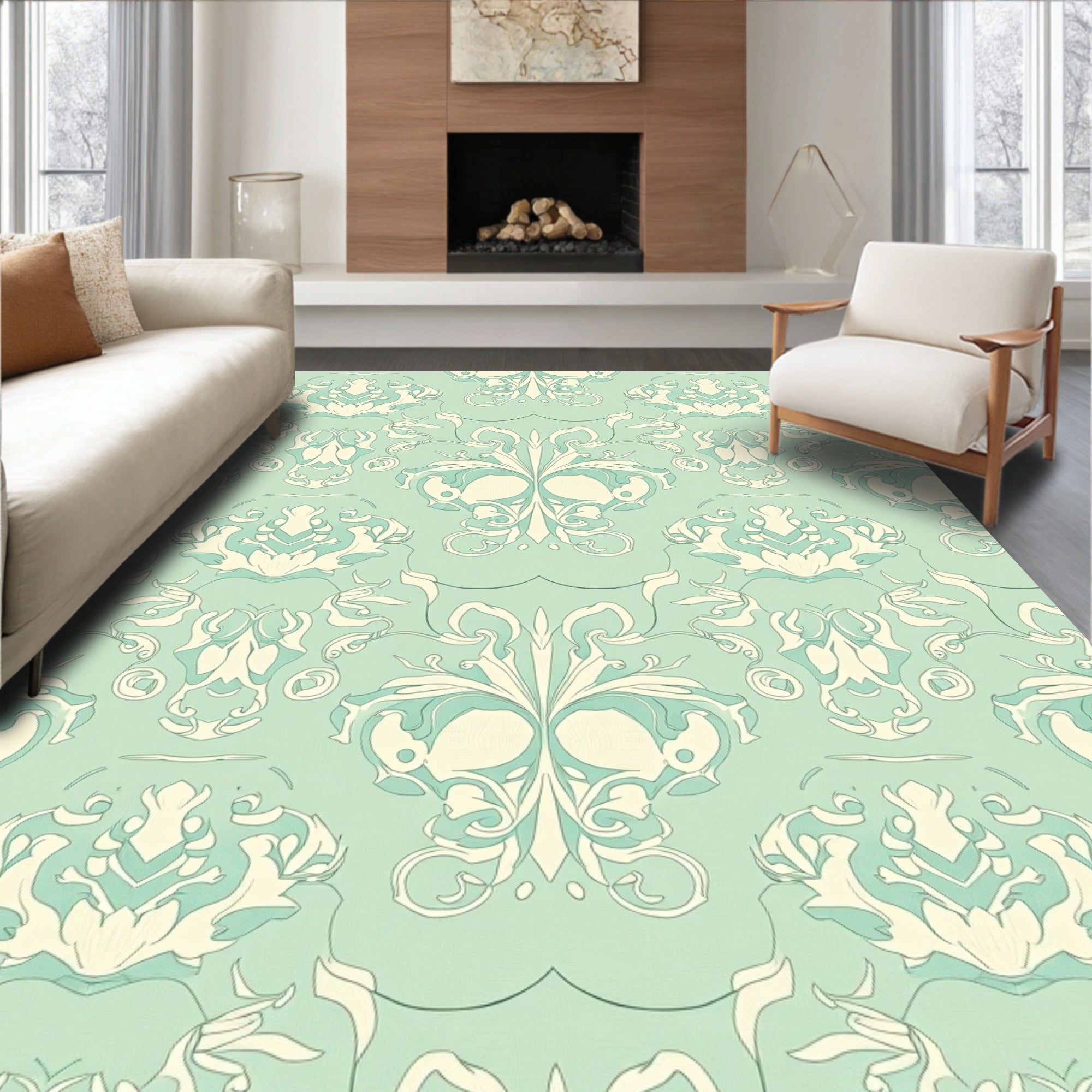 Calming Mint Cream Scrollwork Motif Rug