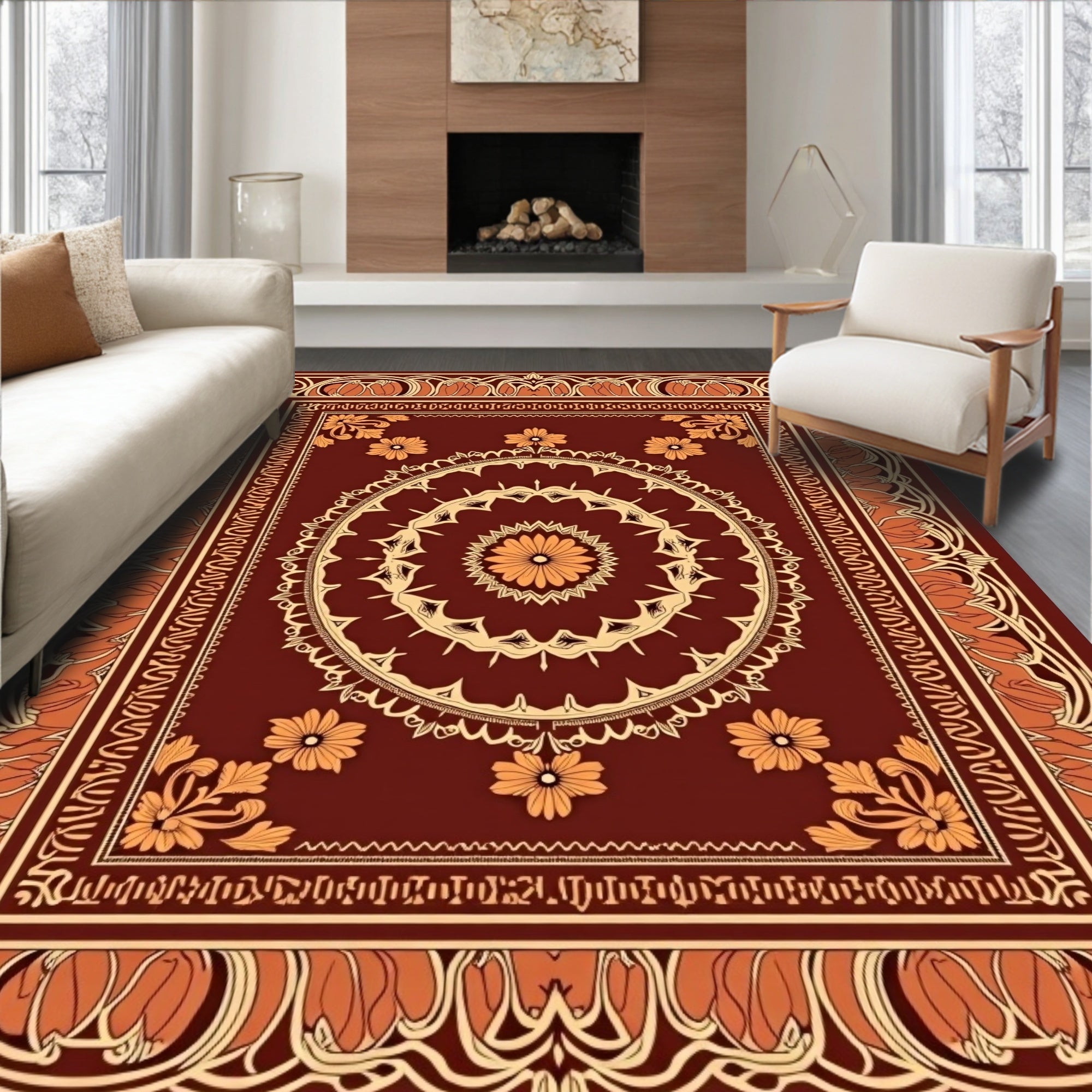 Warm Amber Floral Medallion Border Rug