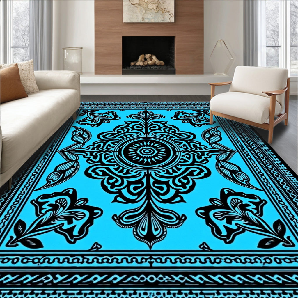 Electric Blue Floral Medallion Tapestry Rug