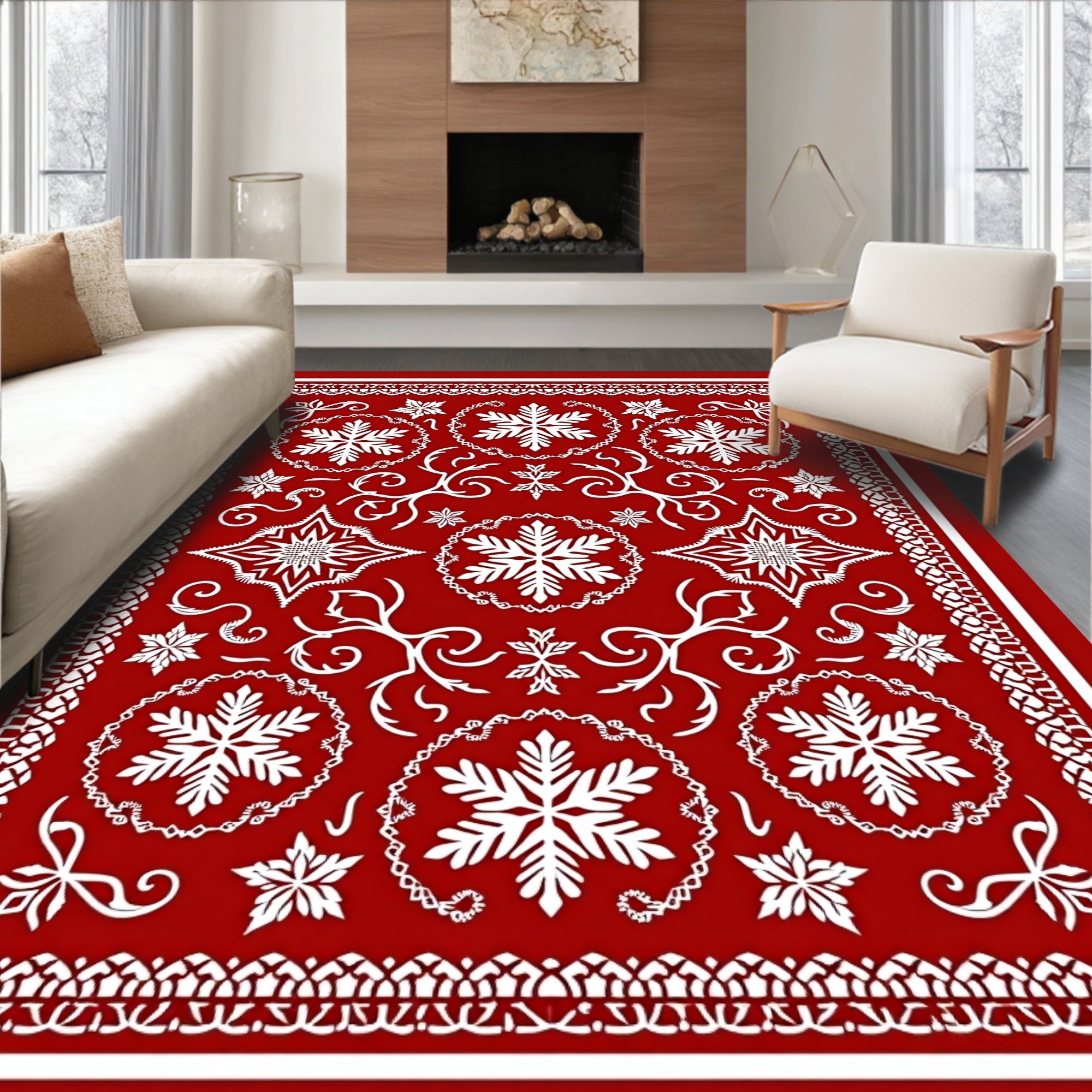 Crimson White Snowflake Lace Medallion Rug