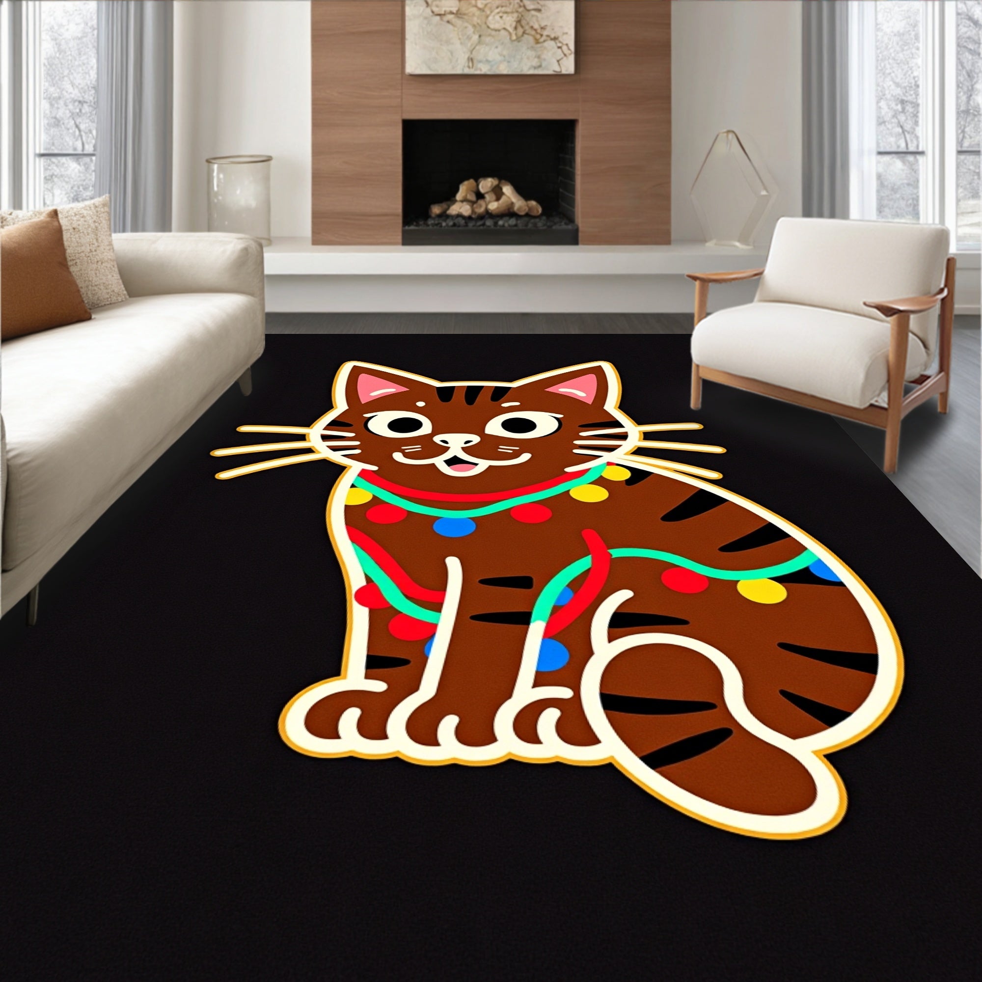 Joyful Brown Cat Holiday Lights Rug