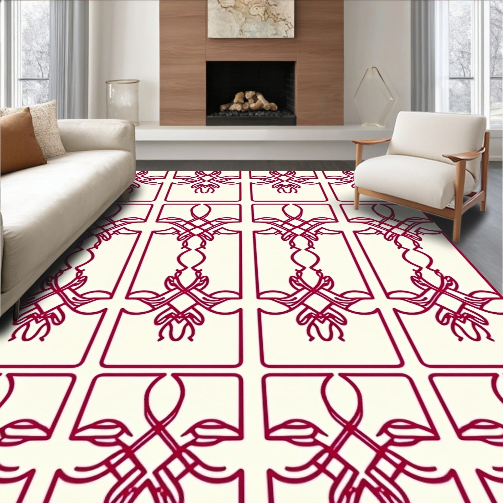 Crimson Quatrefoil Art Nouveau Overlay Rug