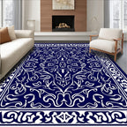 Deep Blue White Symmetrical Floral Scroll Rug
