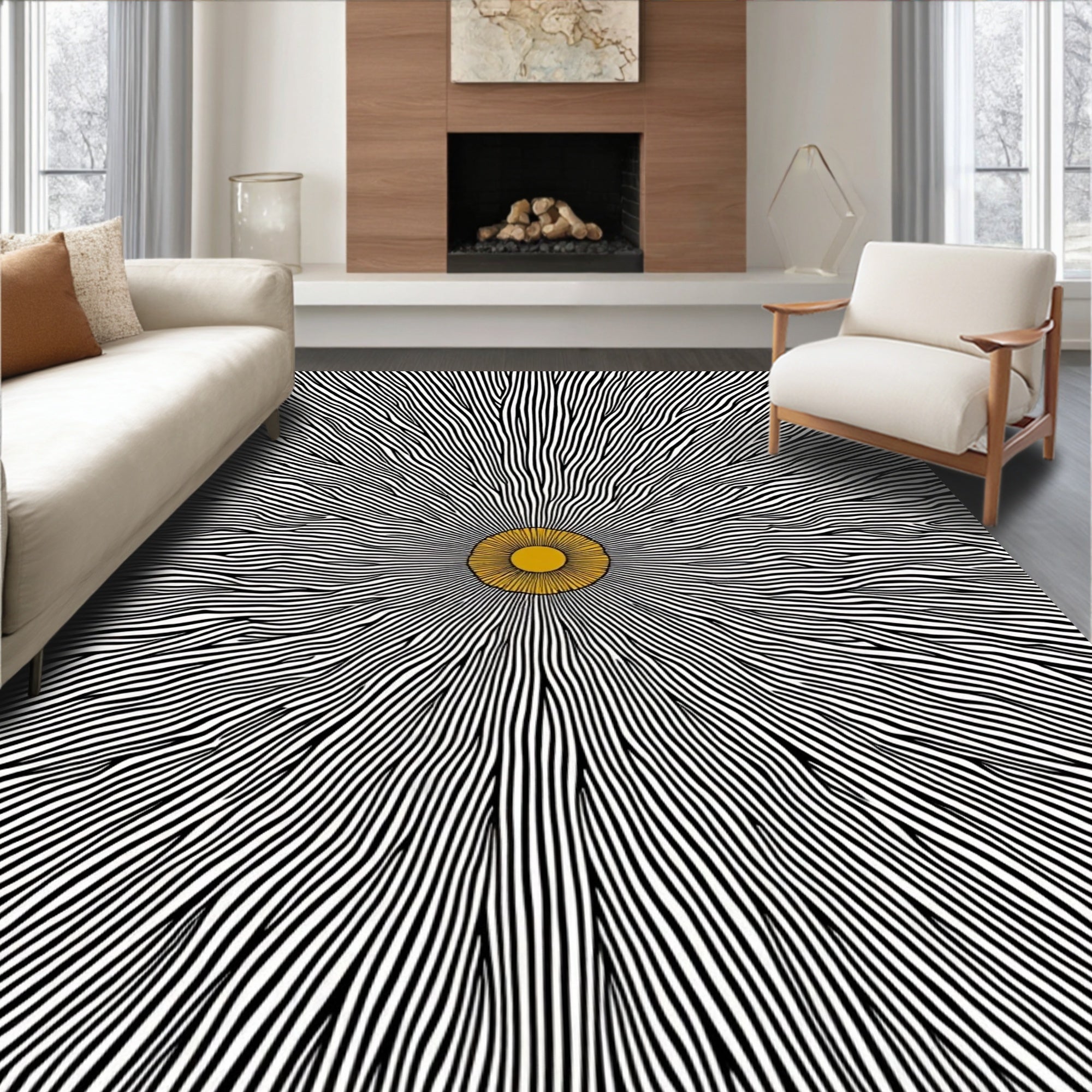Abstract Gold Sunburst Black White Lines Rug