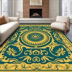 Teal Gold Circular Floral Frame Rug