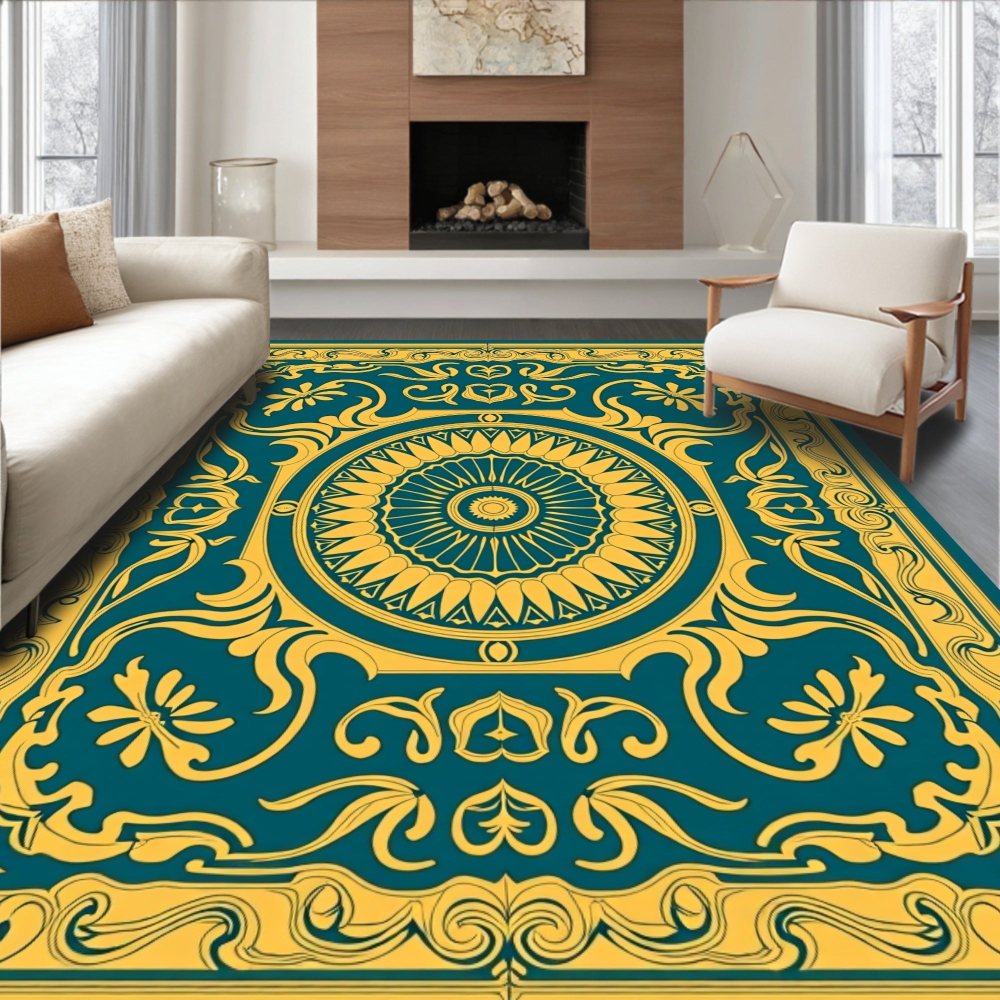 Teal Gold Circular Floral Frame Rug
