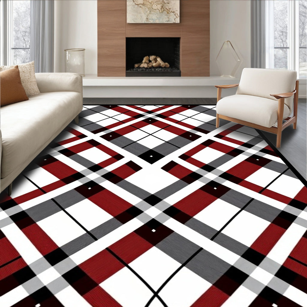 Classic Tartan Red White Grid Rug