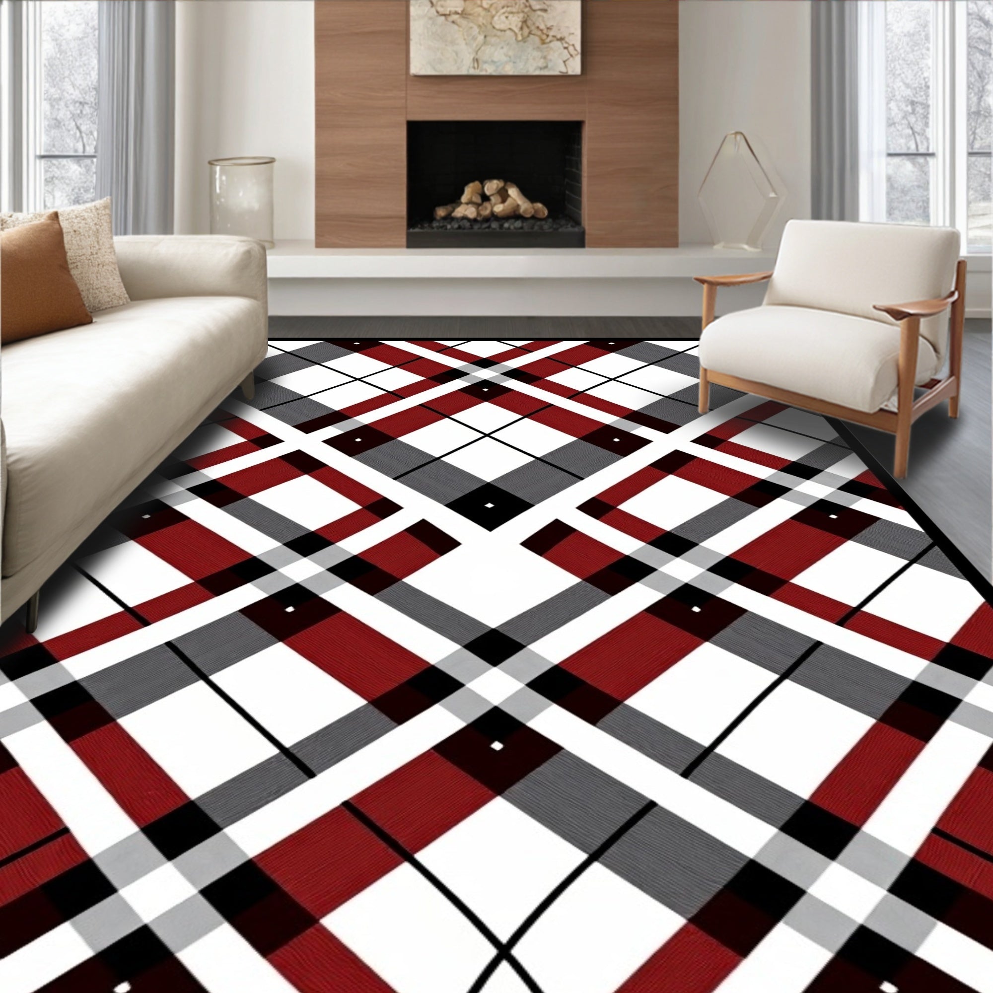 Classic Tartan Red White Grid Rug