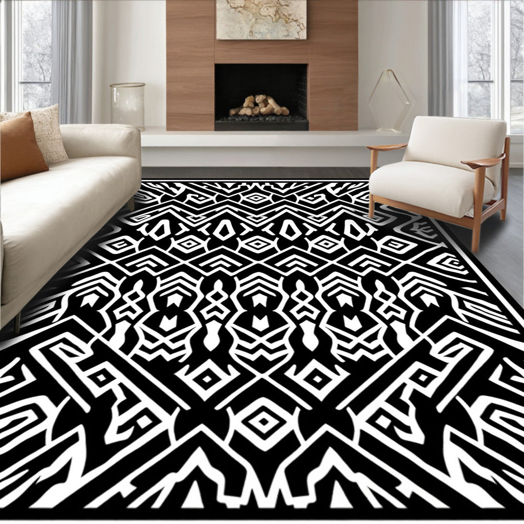 Black White Abstract Geometric Tribal Rug