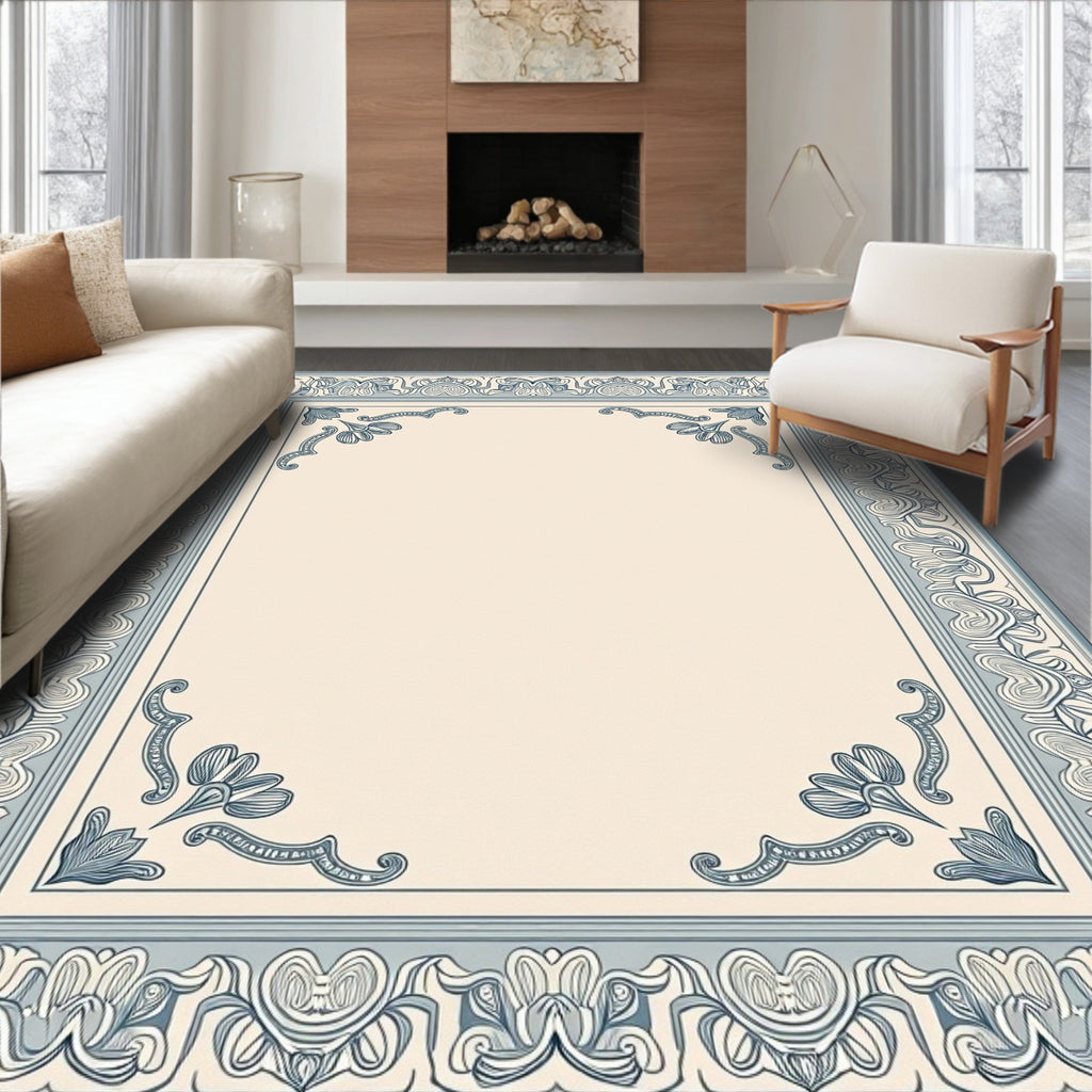 Ornate Blue Floral Vine Border Rug