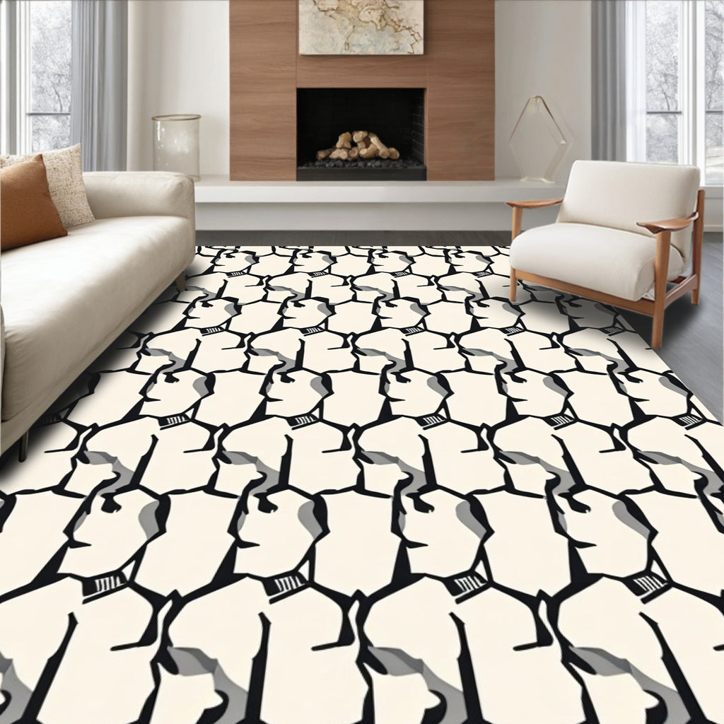 Cream Black Abstract Head Tiling Rug