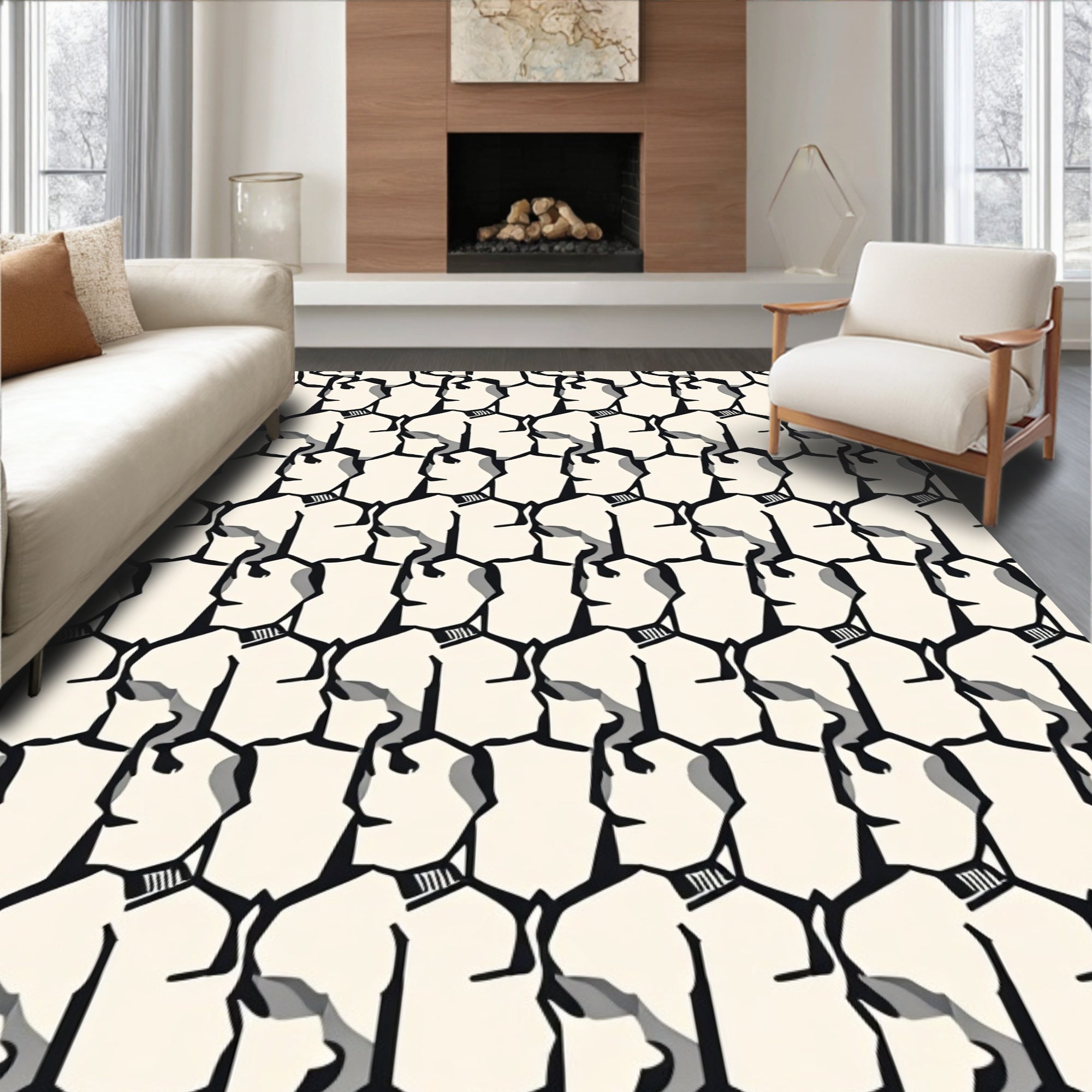 Cream Black Abstract Head Tiling Rug