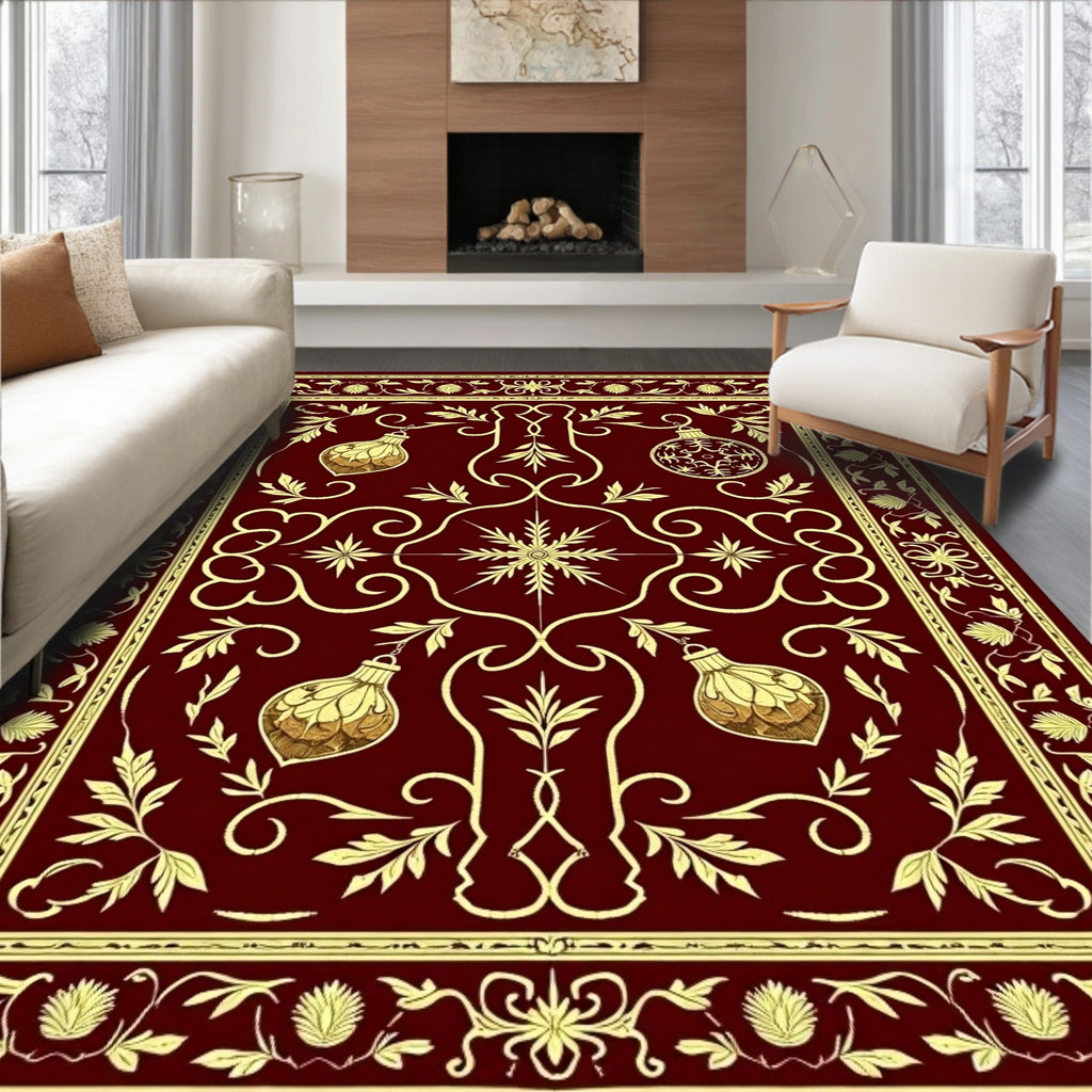 Rich Burgundy Golden Ornament Garland Rug