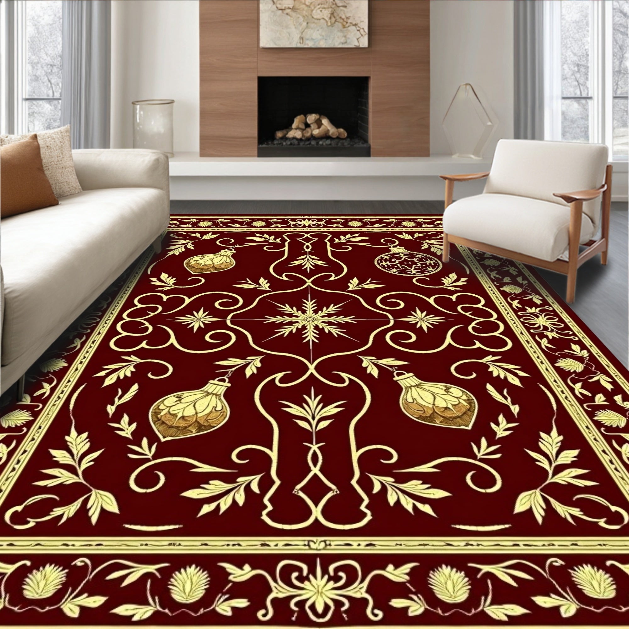 Rich Burgundy Golden Ornament Garland Rug