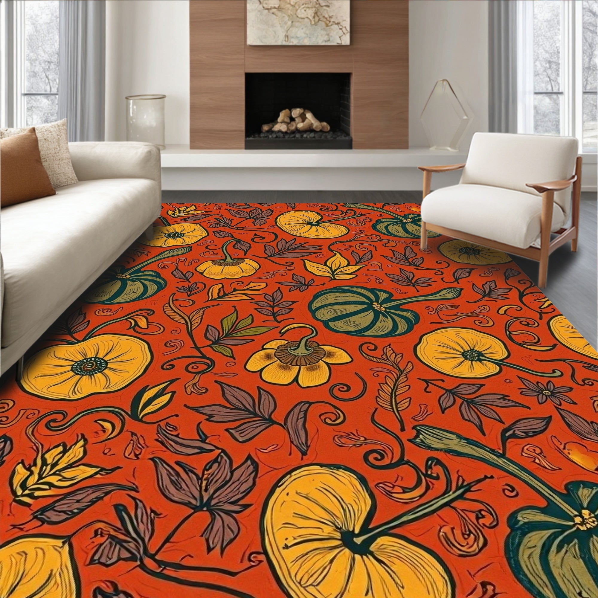 Harvest Orange Pumpkins Botanical Swirls Rug