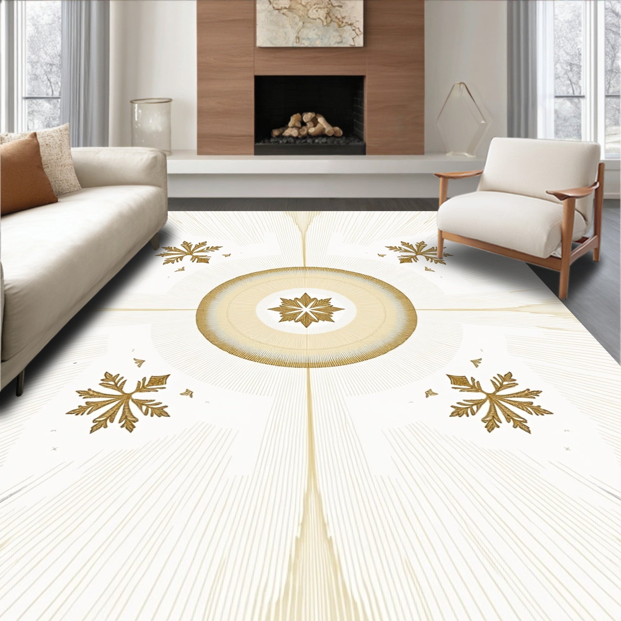 Golden Sunburst Snowflake Medallion Rug