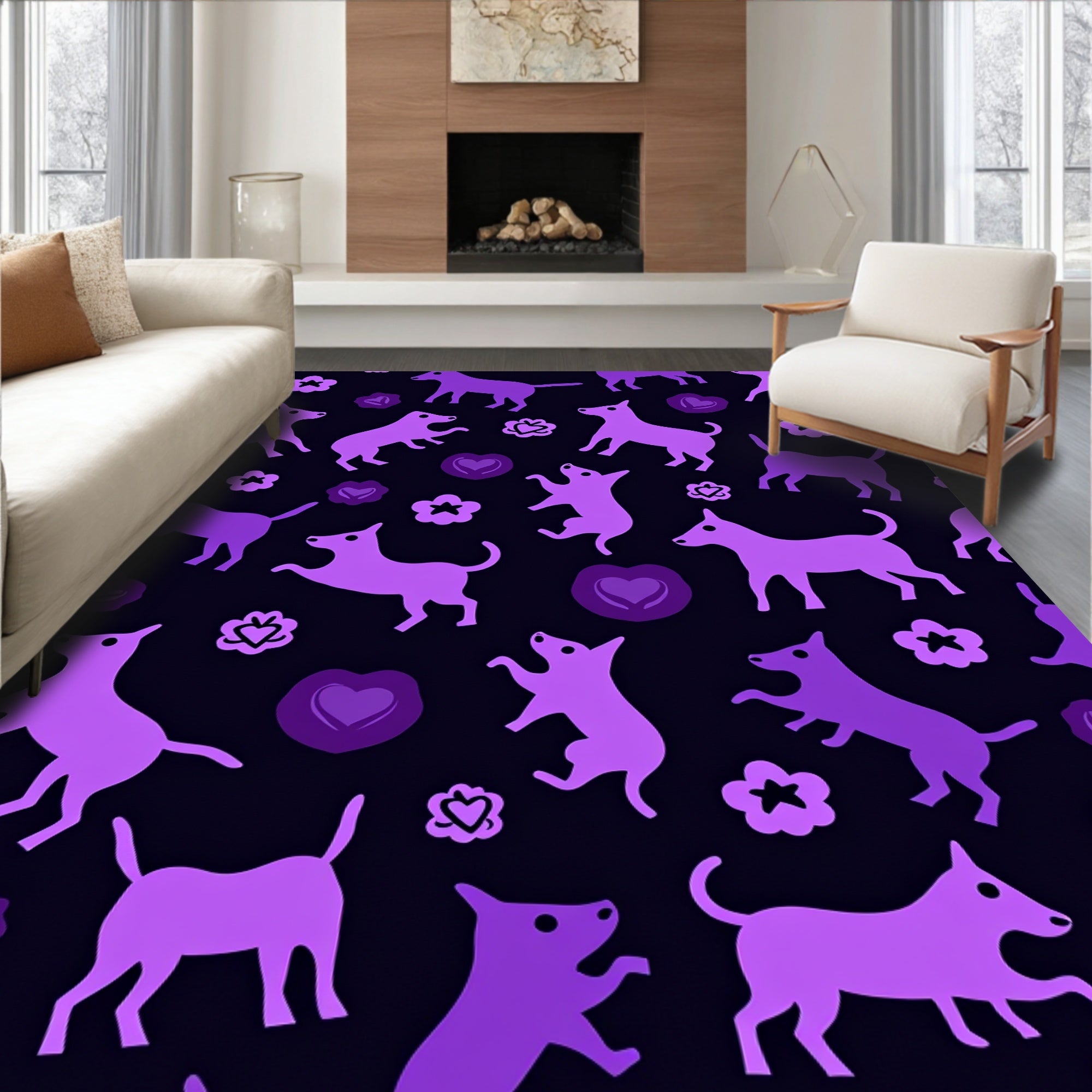 Violet Dog Heart Flower Collage Rug