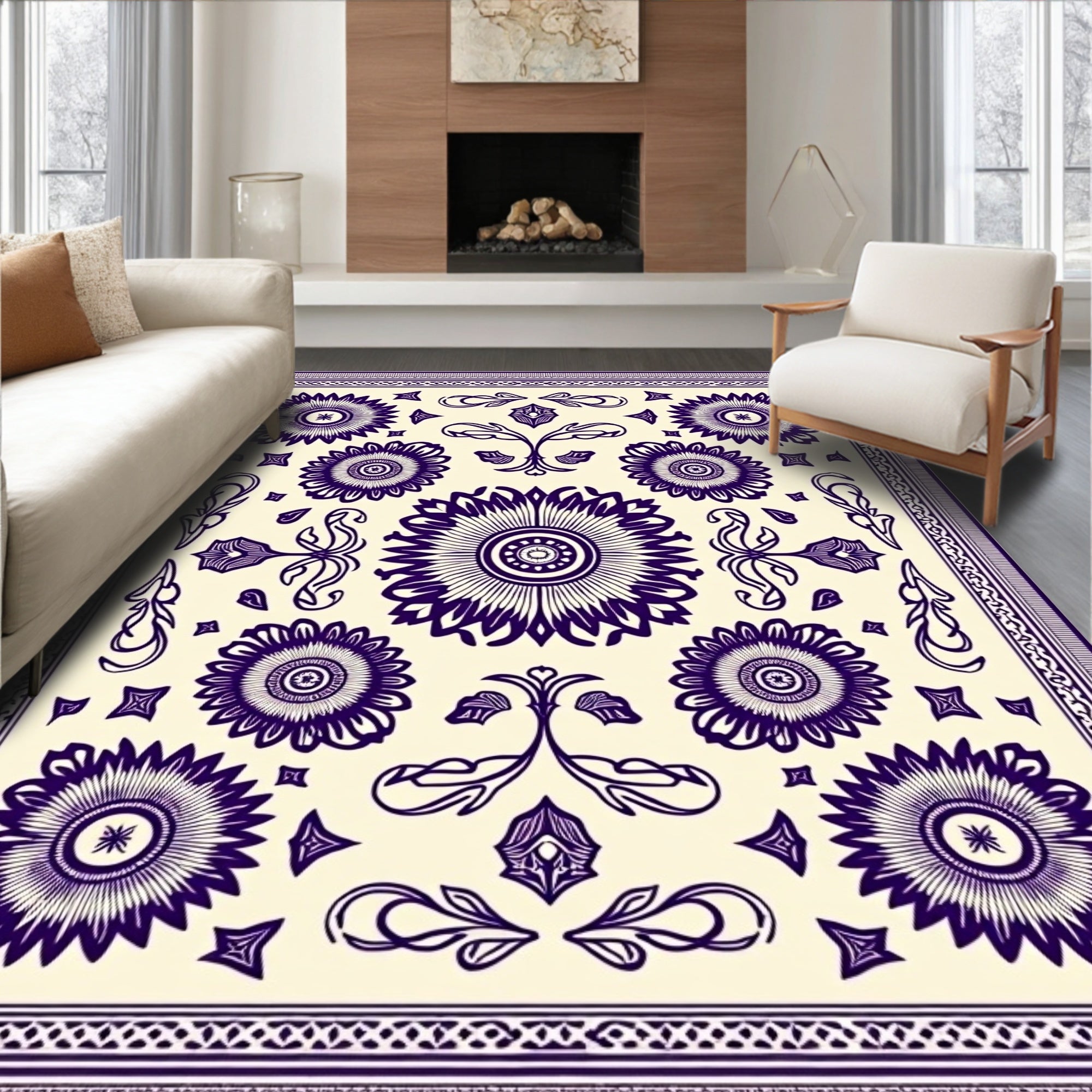 Deep Indigo Floral Medallion Cream Rug