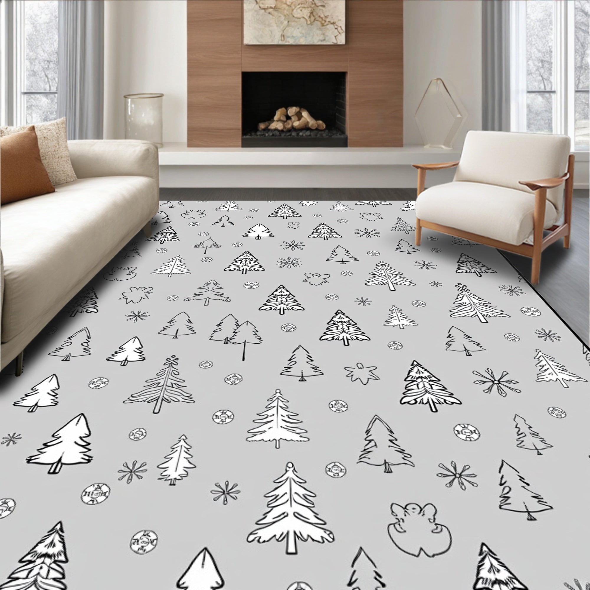 Winter Woodland Pine Trees Snowflakes Rug