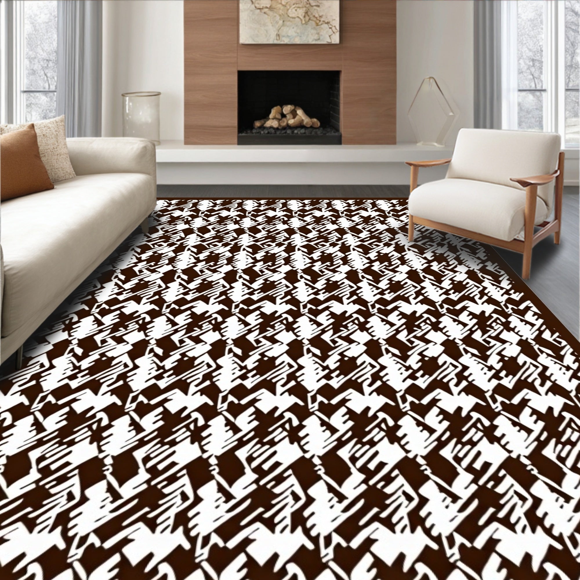 Brown and White Jagged Houndstooth Texture Rug