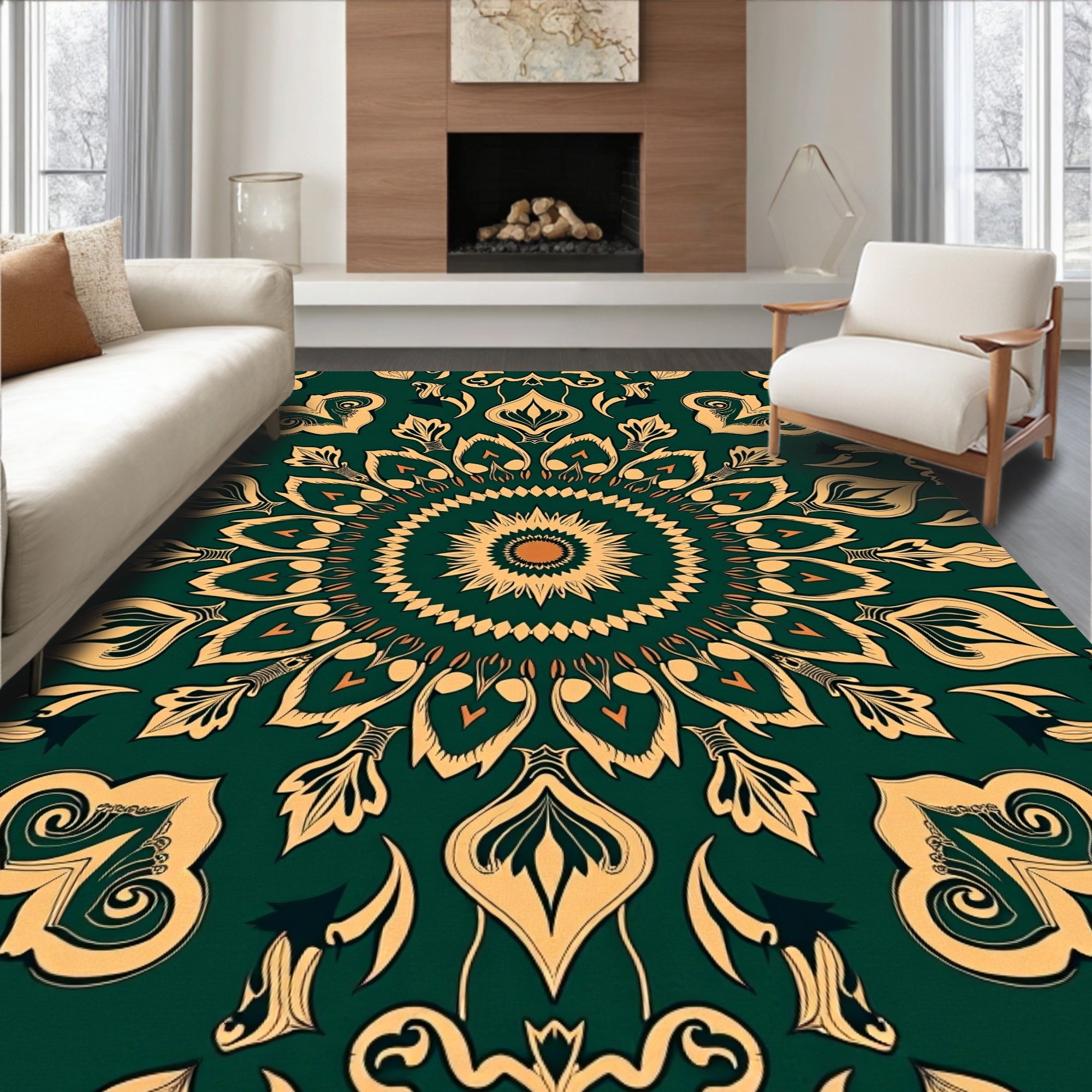 Deep Green Golden Mandala Medallion Rug