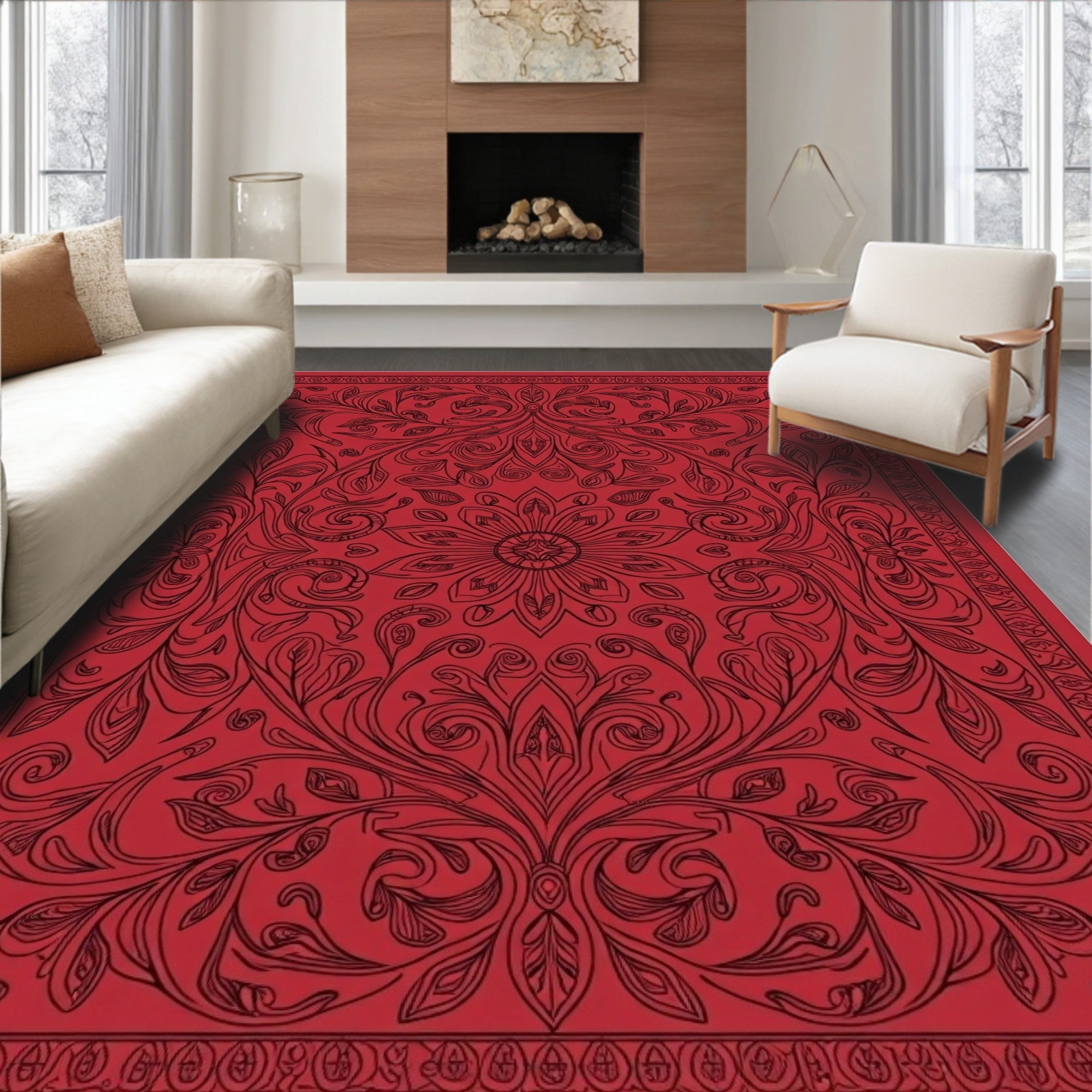 Crimson floral vine intricate Rug