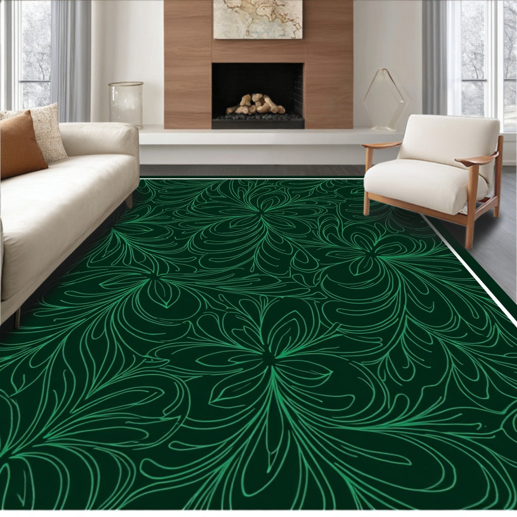 Emerald Green Swirling Floral Outline Rug