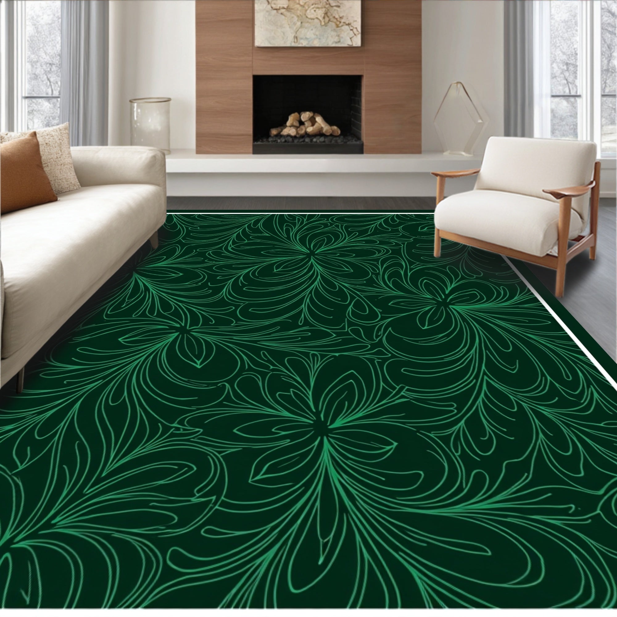 Emerald Green Swirling Floral Outline Rug