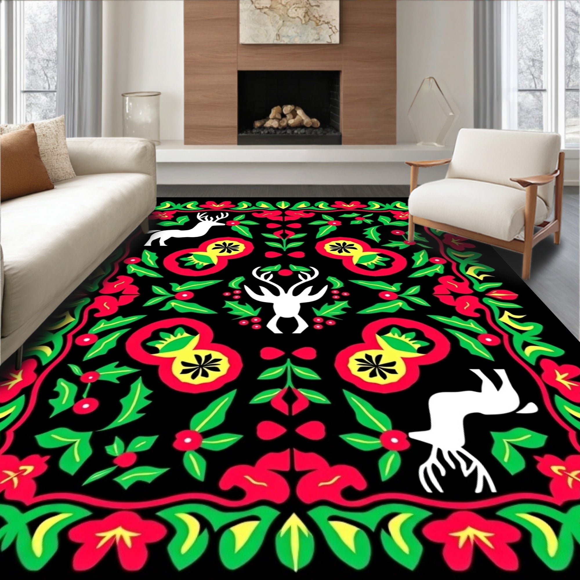 Black Festive Deer Floral Border Rug