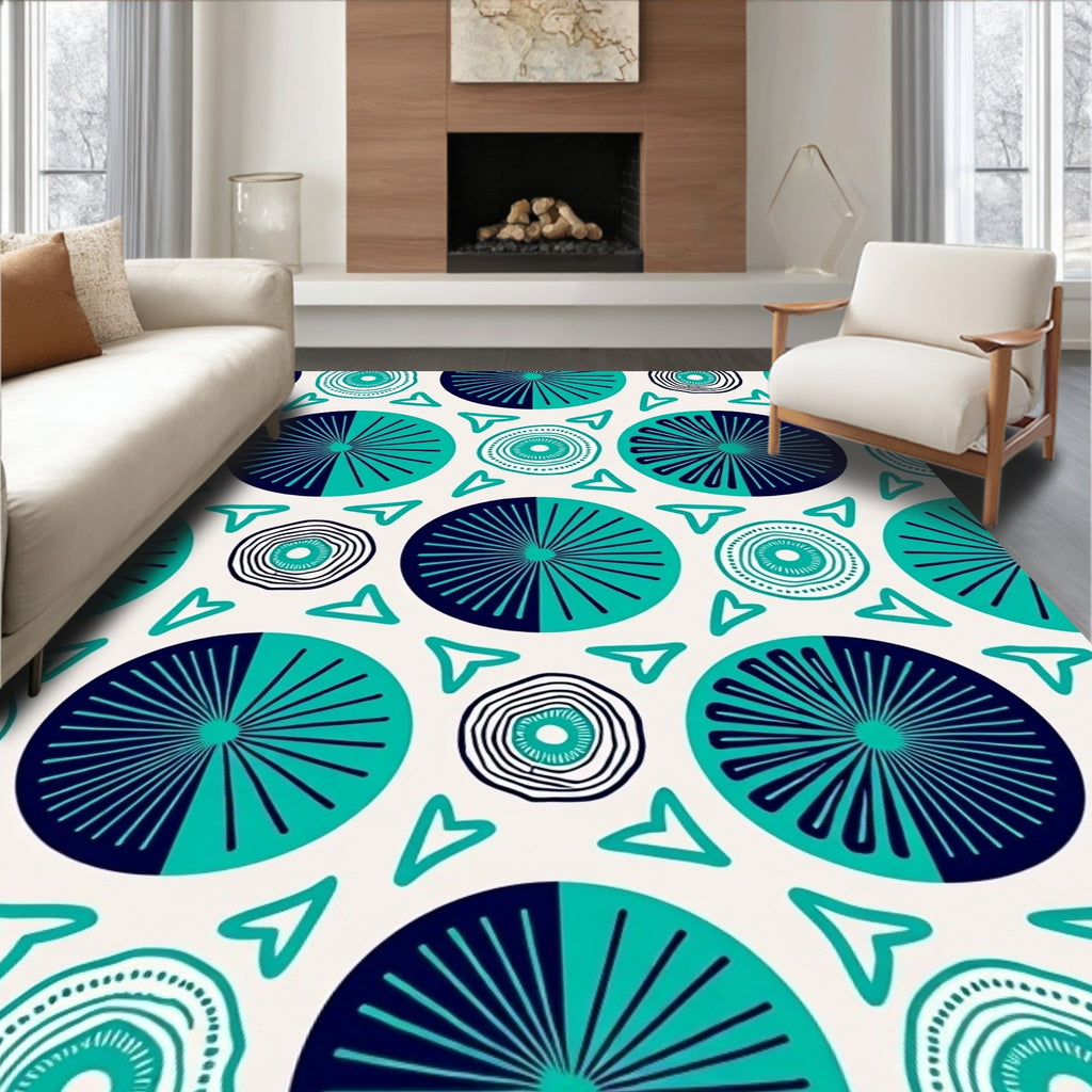 Teal Navy Concentric Circles Triangles Rug