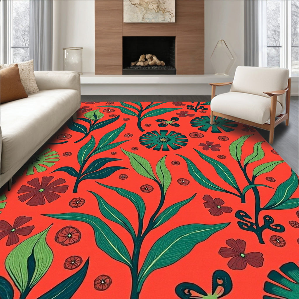 Vibrant Coral Tropical Foliage Flowers Rug