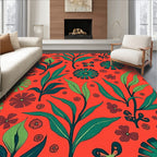 Vibrant Coral Tropical Foliage Flowers Rug