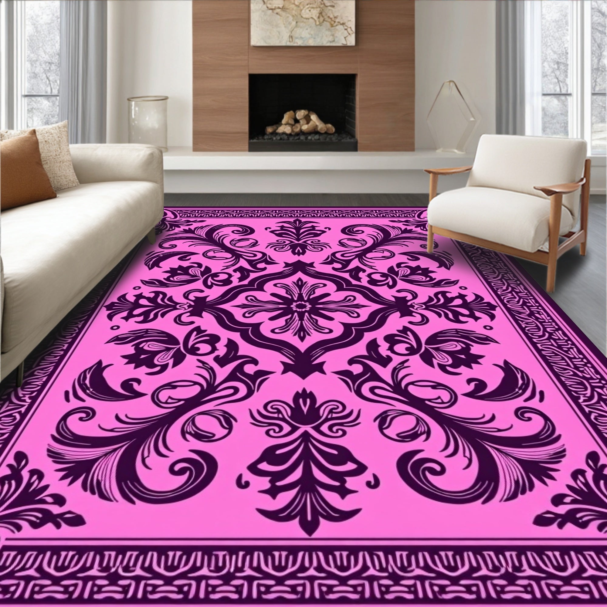 Regal Pink Floral Scrollwork Rug