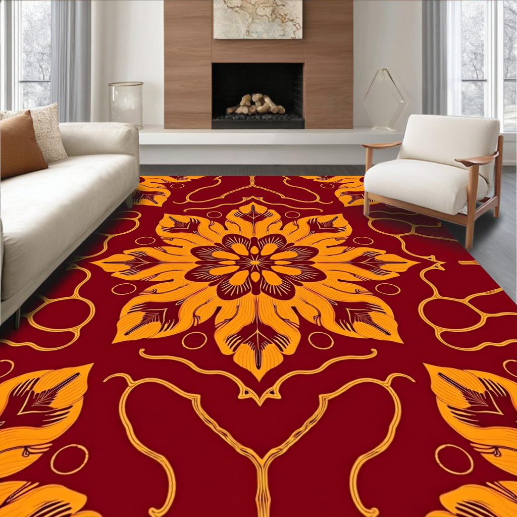 Crimson Golden Floral Medallion Rug