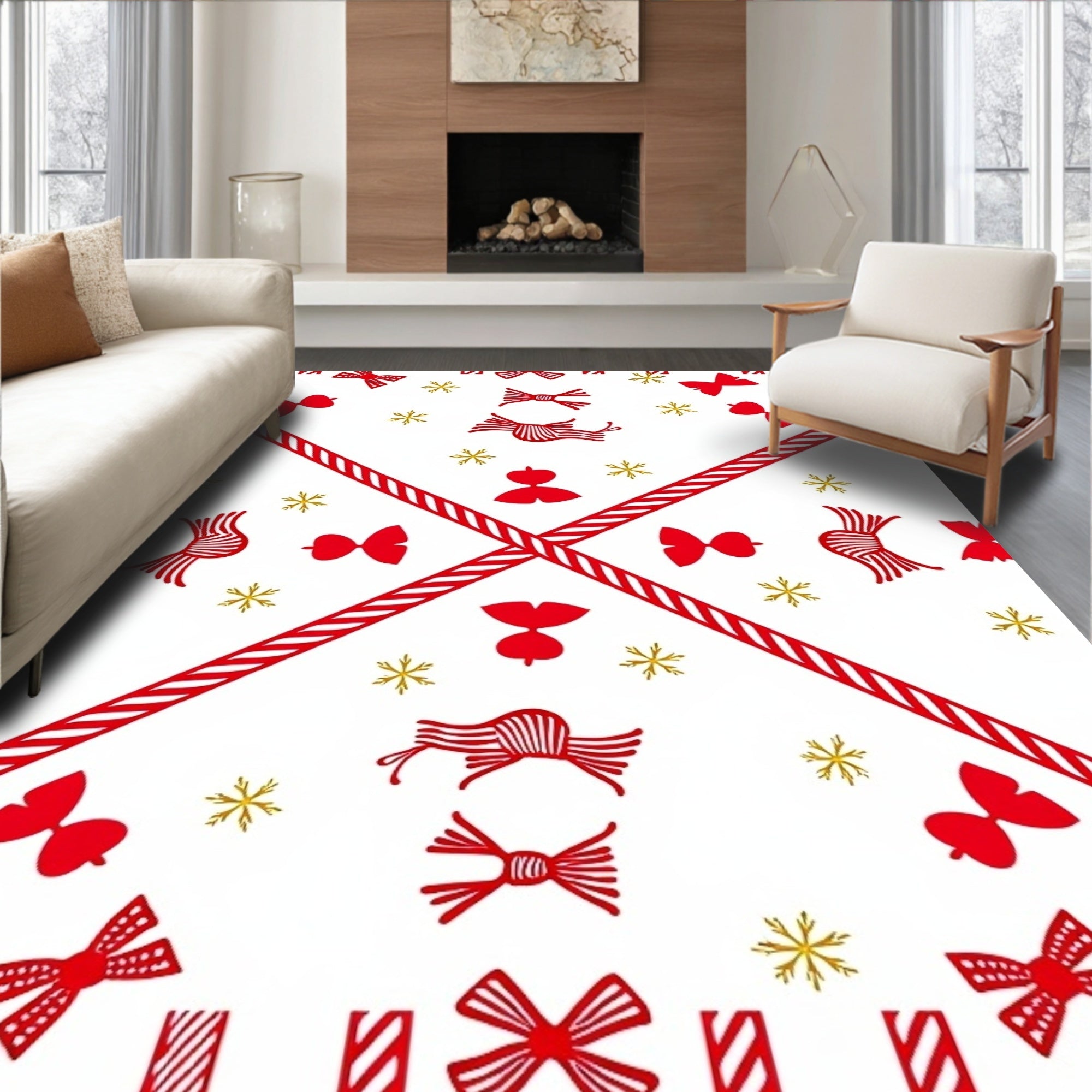 Red Bow Snowflake Geometric Arrangement Rug