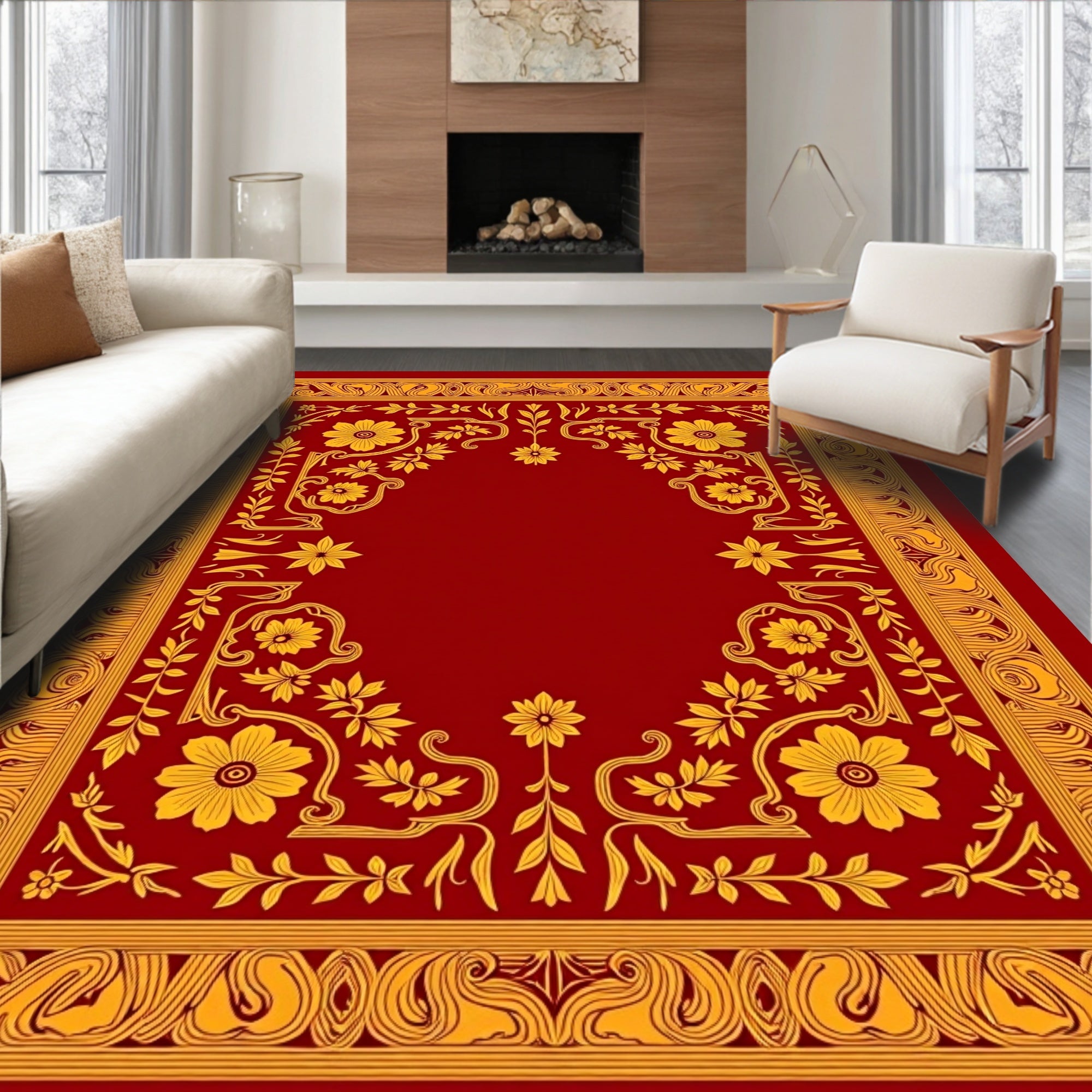 Rich Red Golden Floral Border Rug