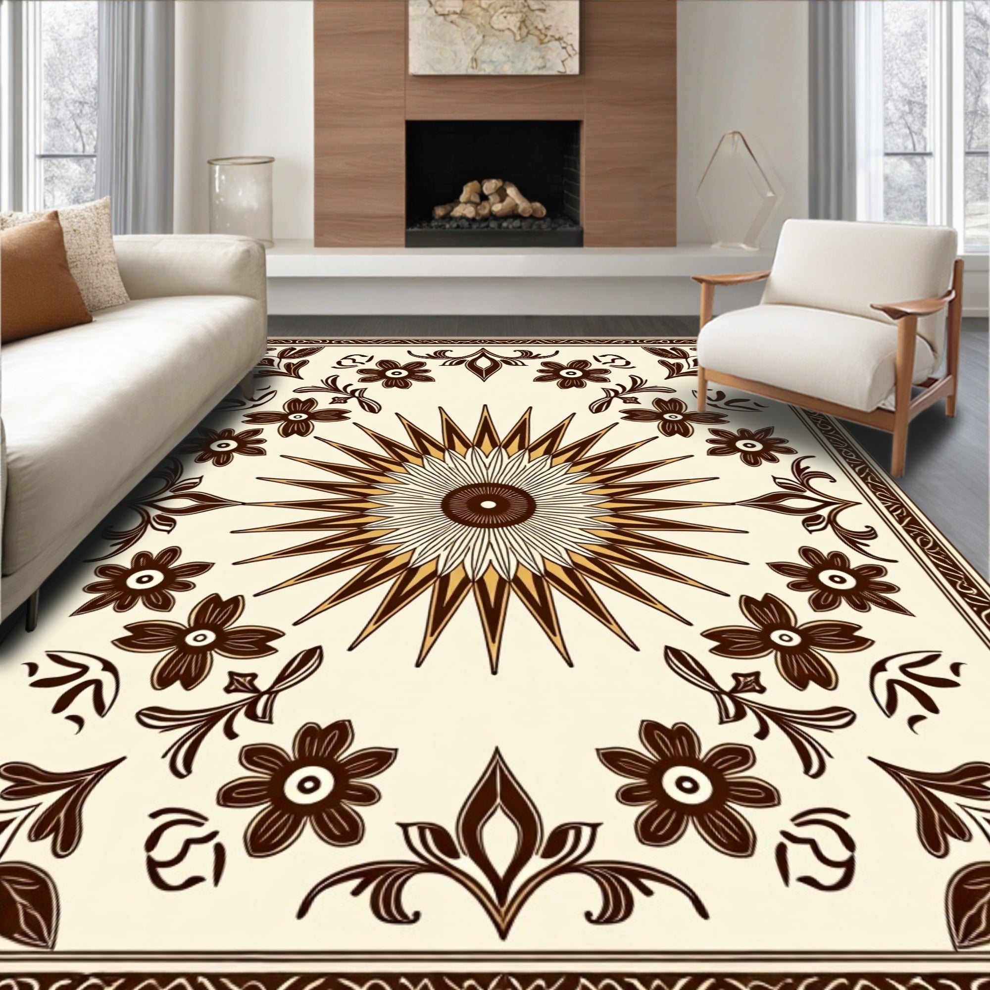 Cream and Brown Floral Sunburst Rug