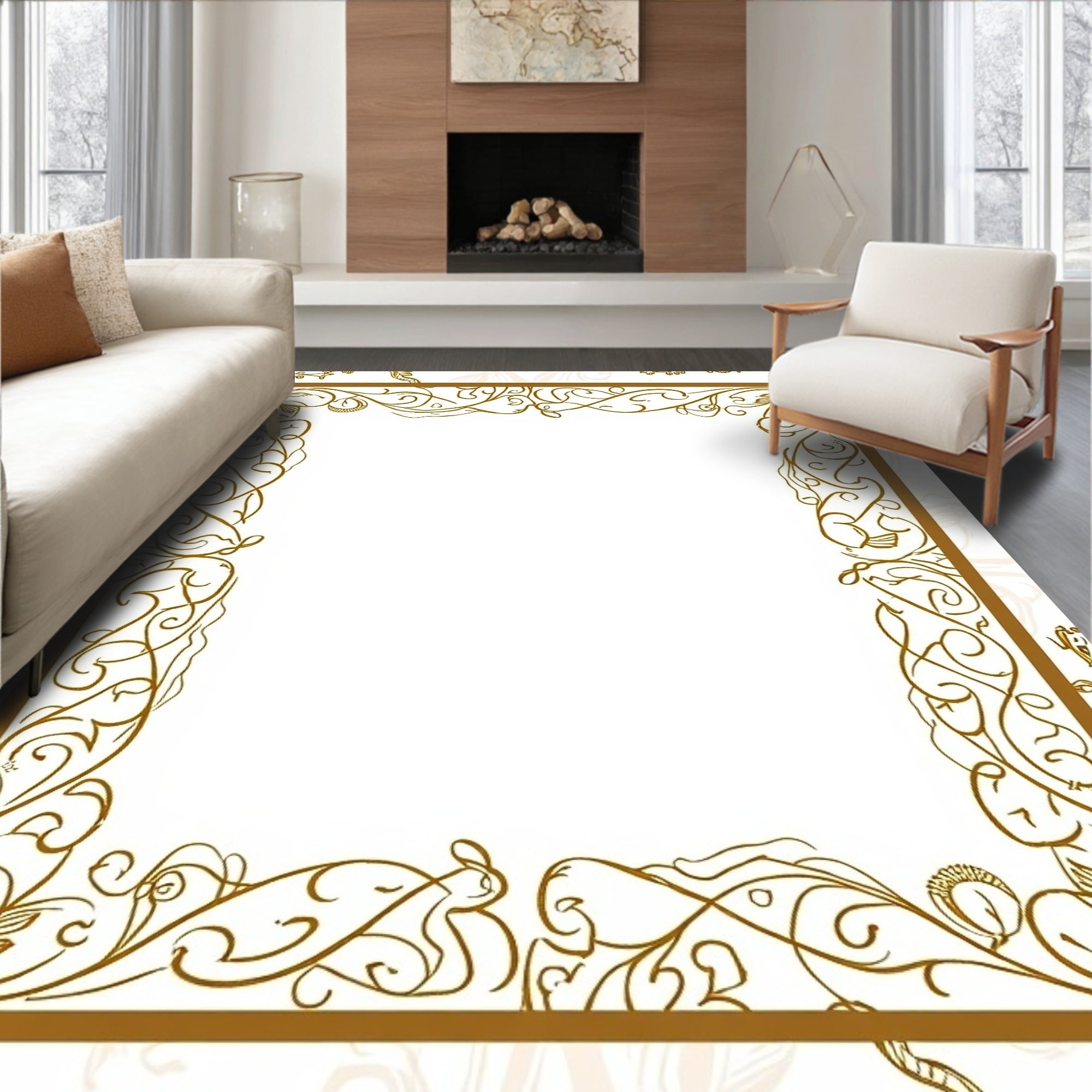 Golden Swirling Vine Art Nouveau Border Rug