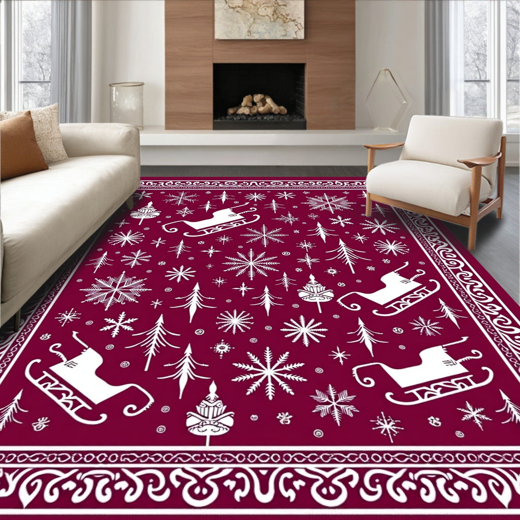 Crimson White Winter Sleigh Forest Rug