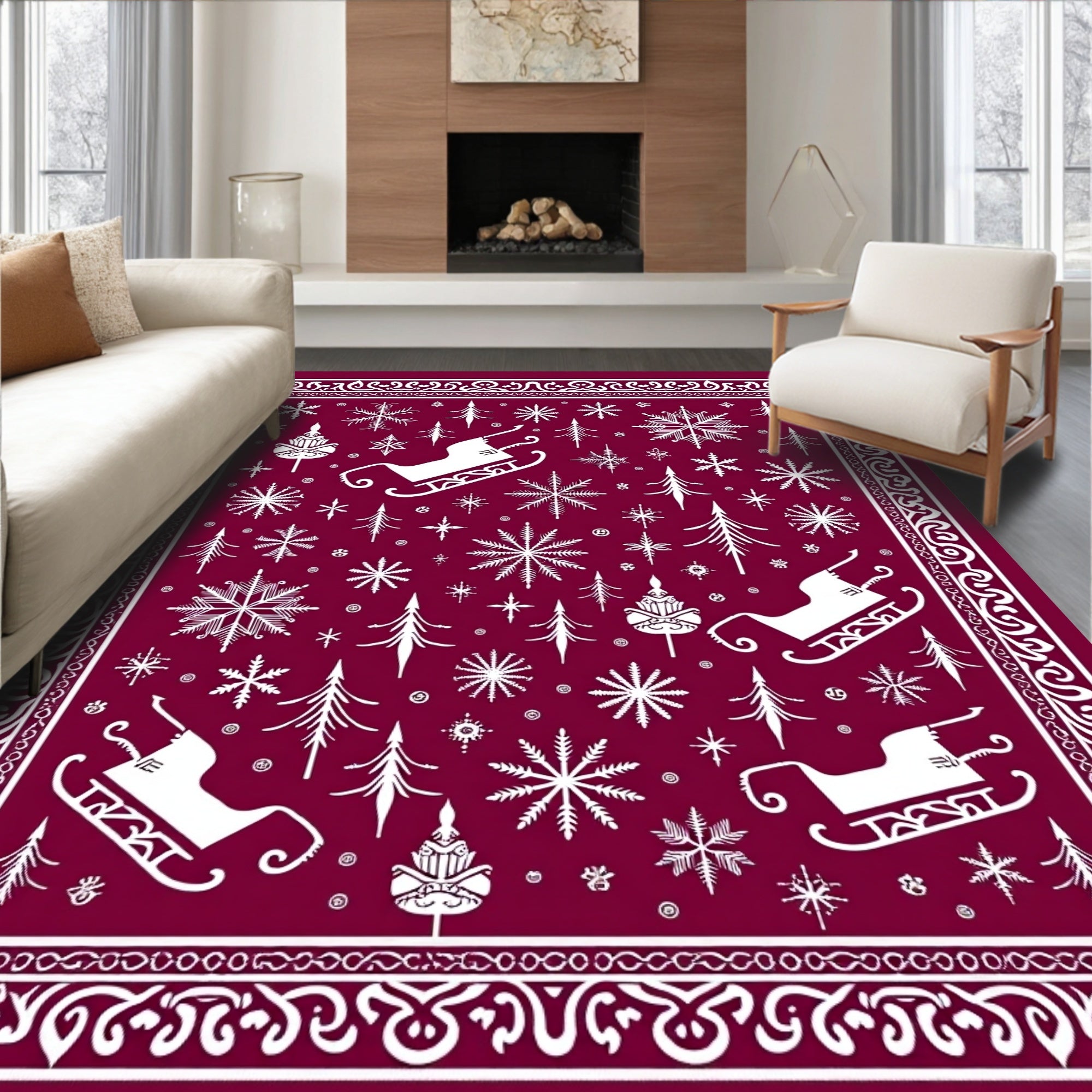 Crimson White Winter Sleigh Forest Rug