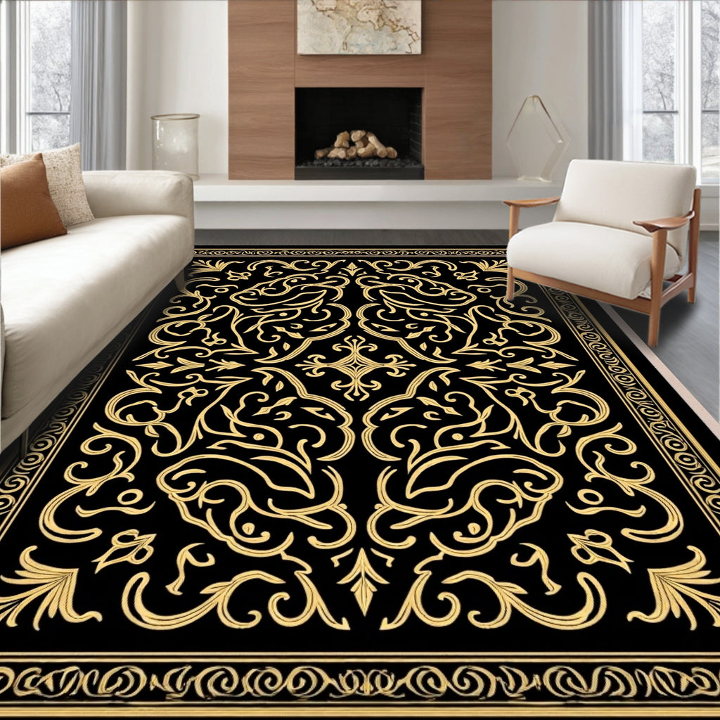 Elegant Black and Gold Floral Symmetry Rug