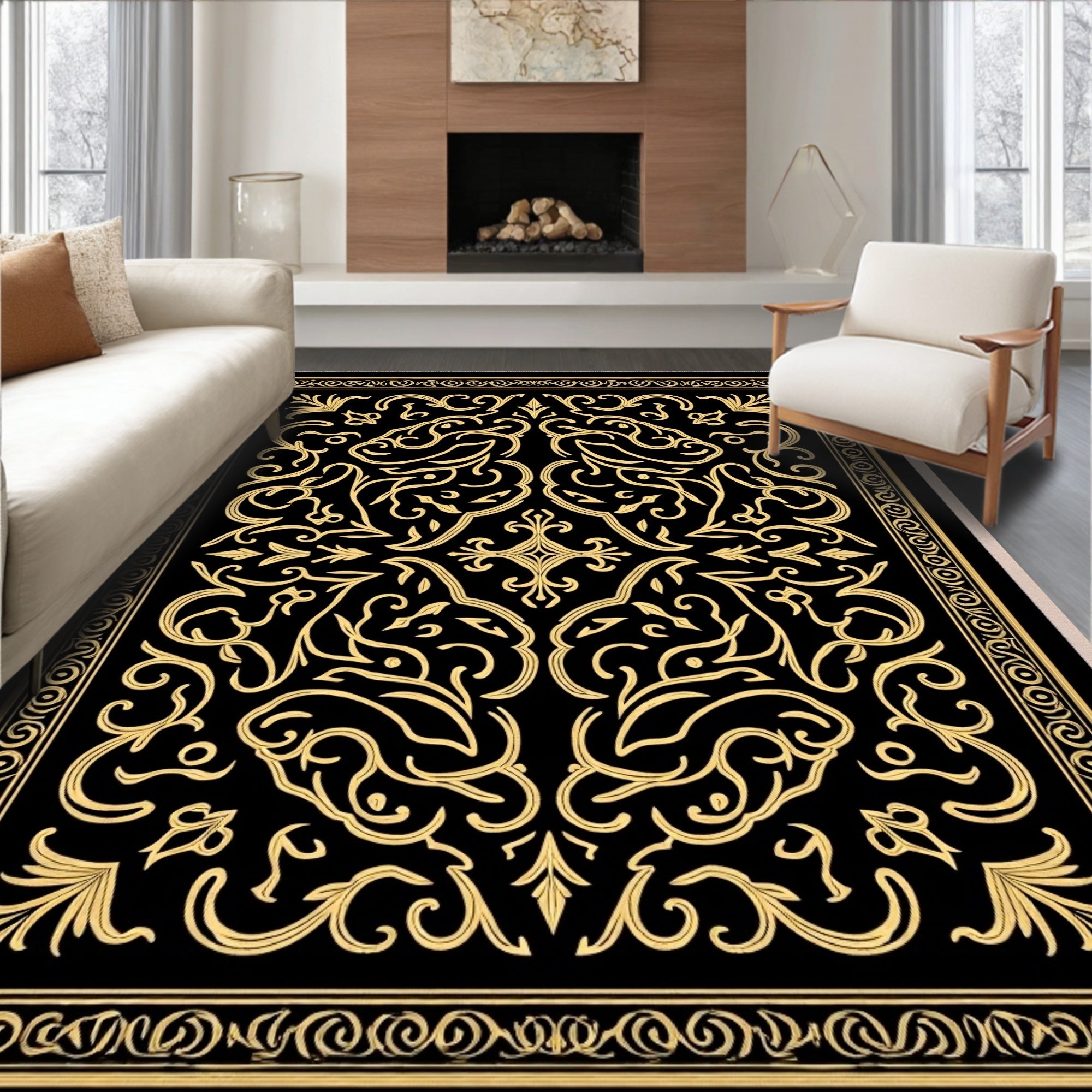 Elegant Black and Gold Floral Symmetry Rug