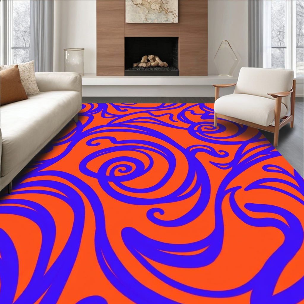 Vibrant Blue Swirls Orange Abstract Rug
