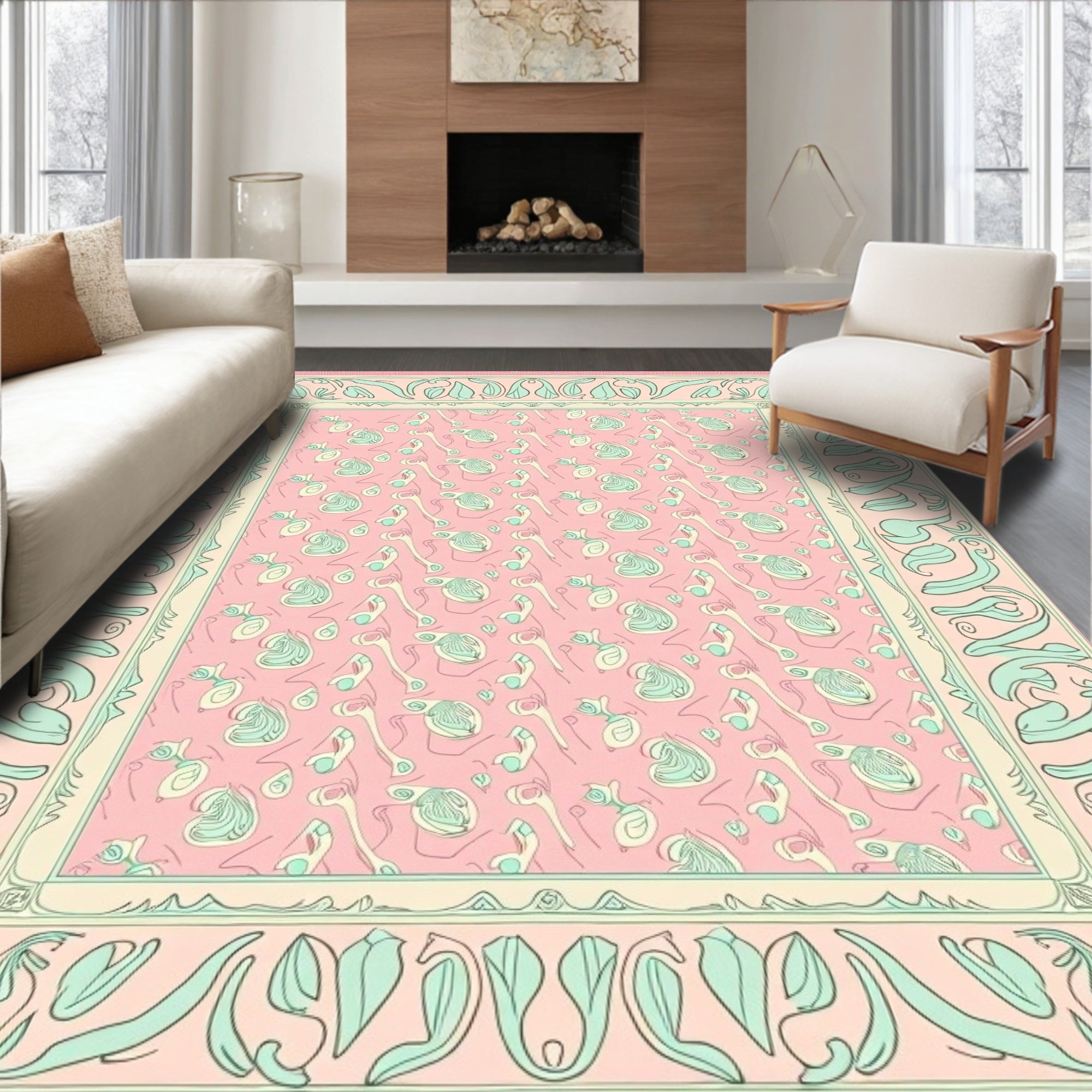 Pale Pink Mint Green Floral Border Rug