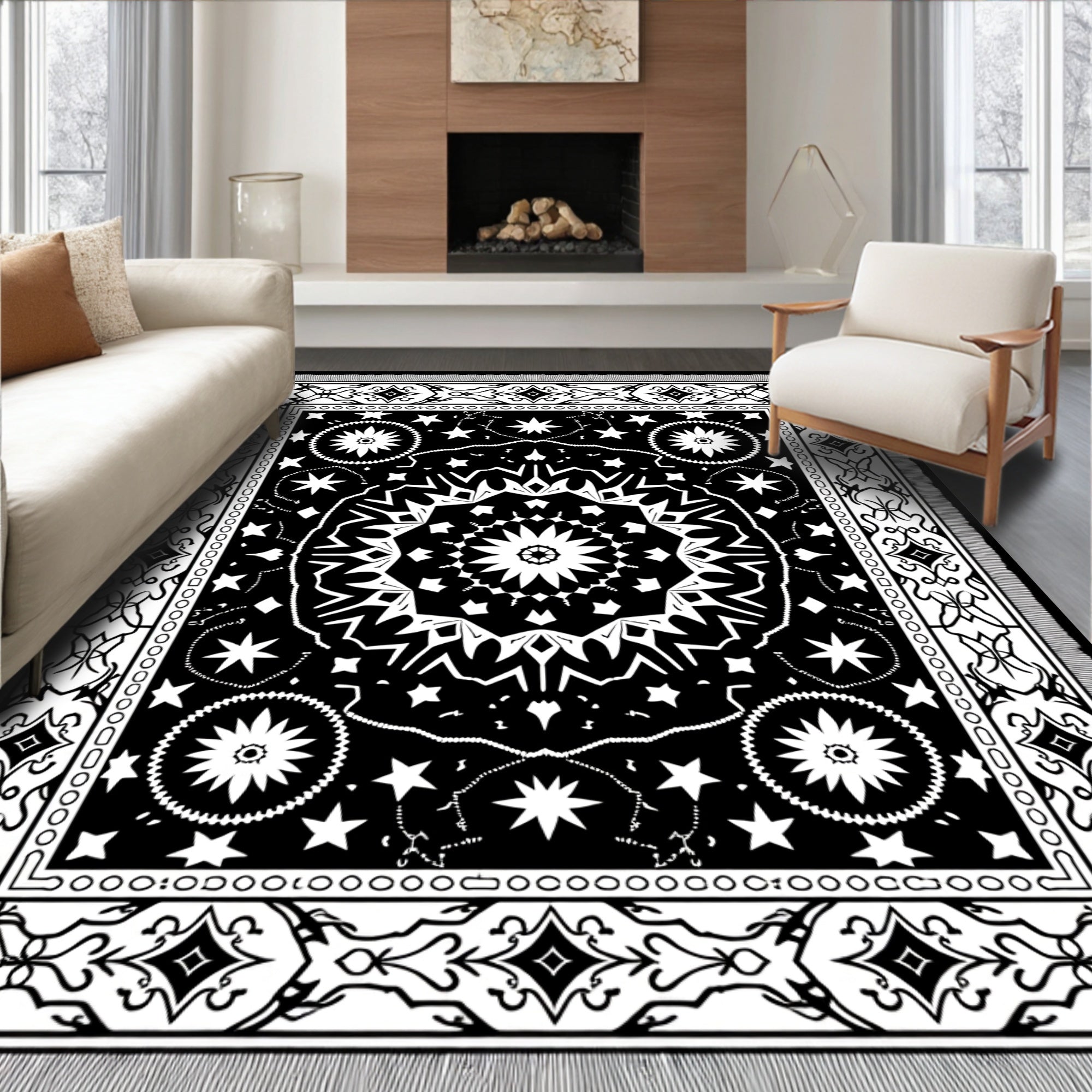 Bold Black Starburst Mandala Border Rug